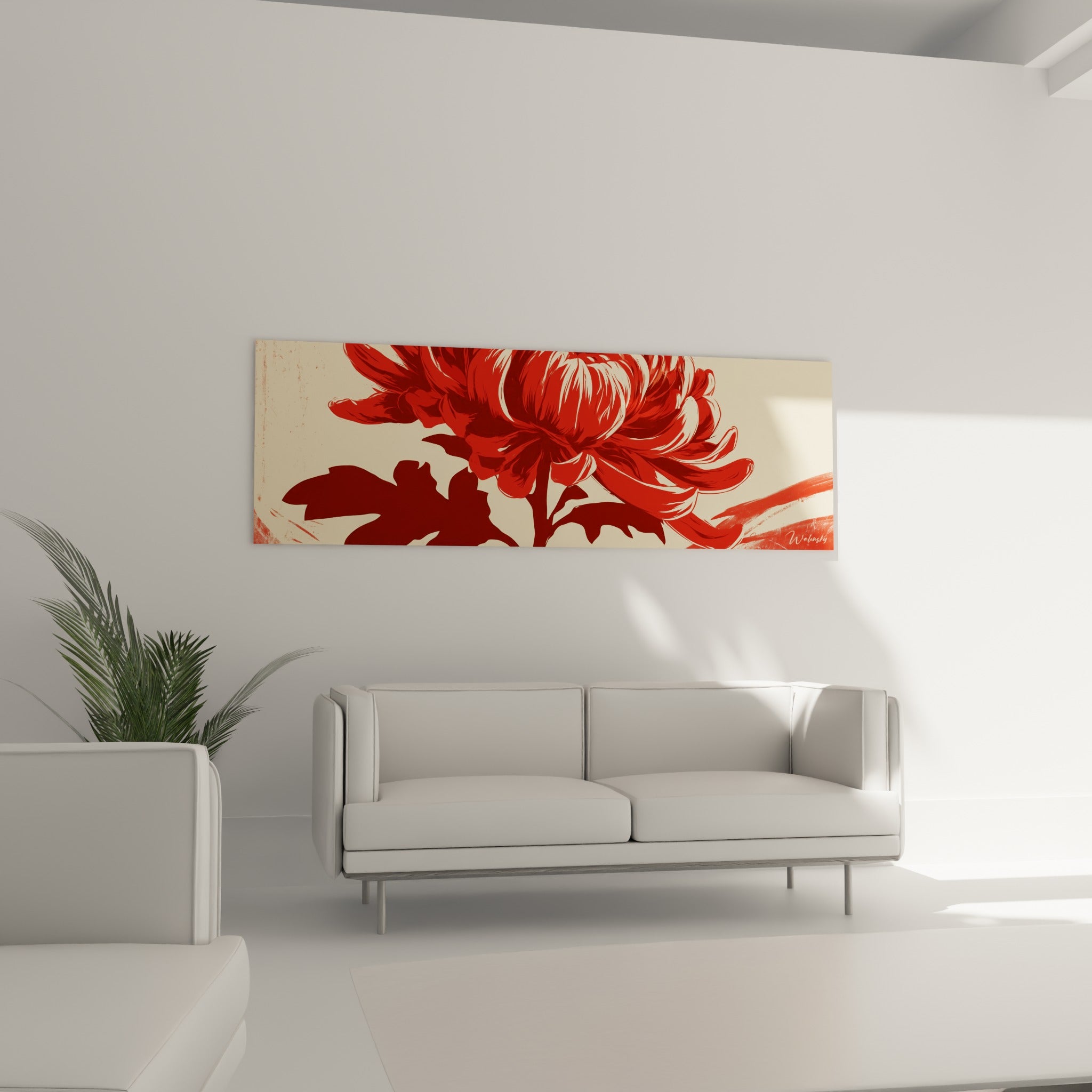Pétales de chrysanthème rouge vif et ombres bordeaux au-dessus d'un canapé dans un salon lumineux