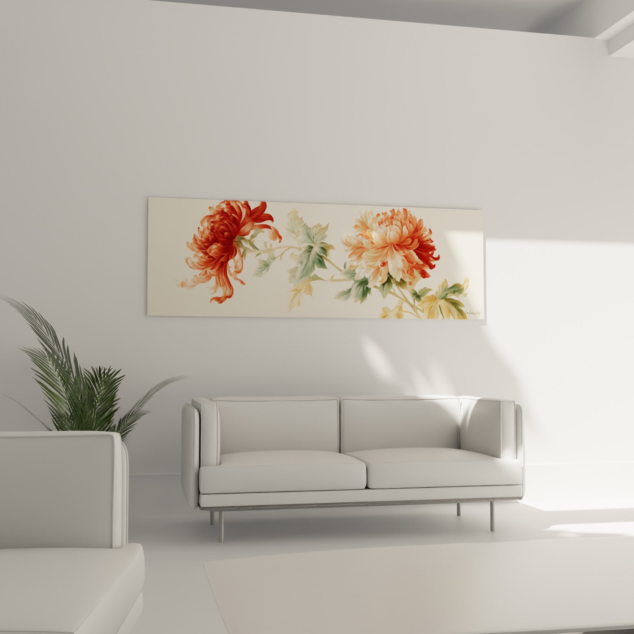 Chrysanthème fleuri corail et ivoire disposé au-dessus d'un canapé dans un salon lumineux