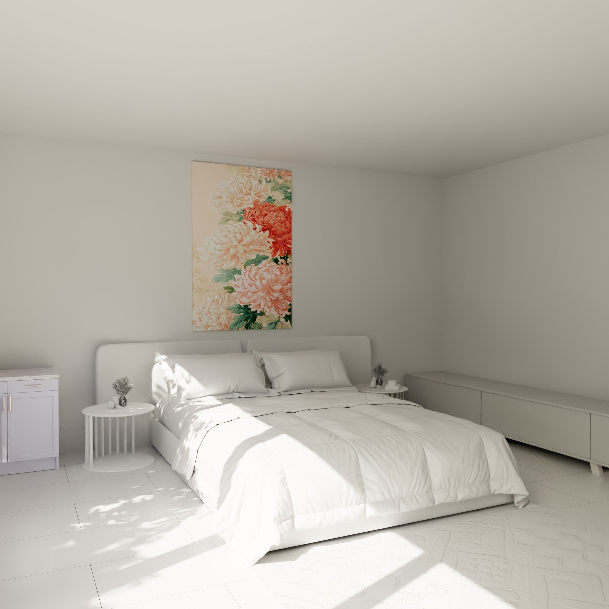Fleurs de chrysanthème corail et rose s'épanouissent au-dessus d'un lit dans une chambre claire