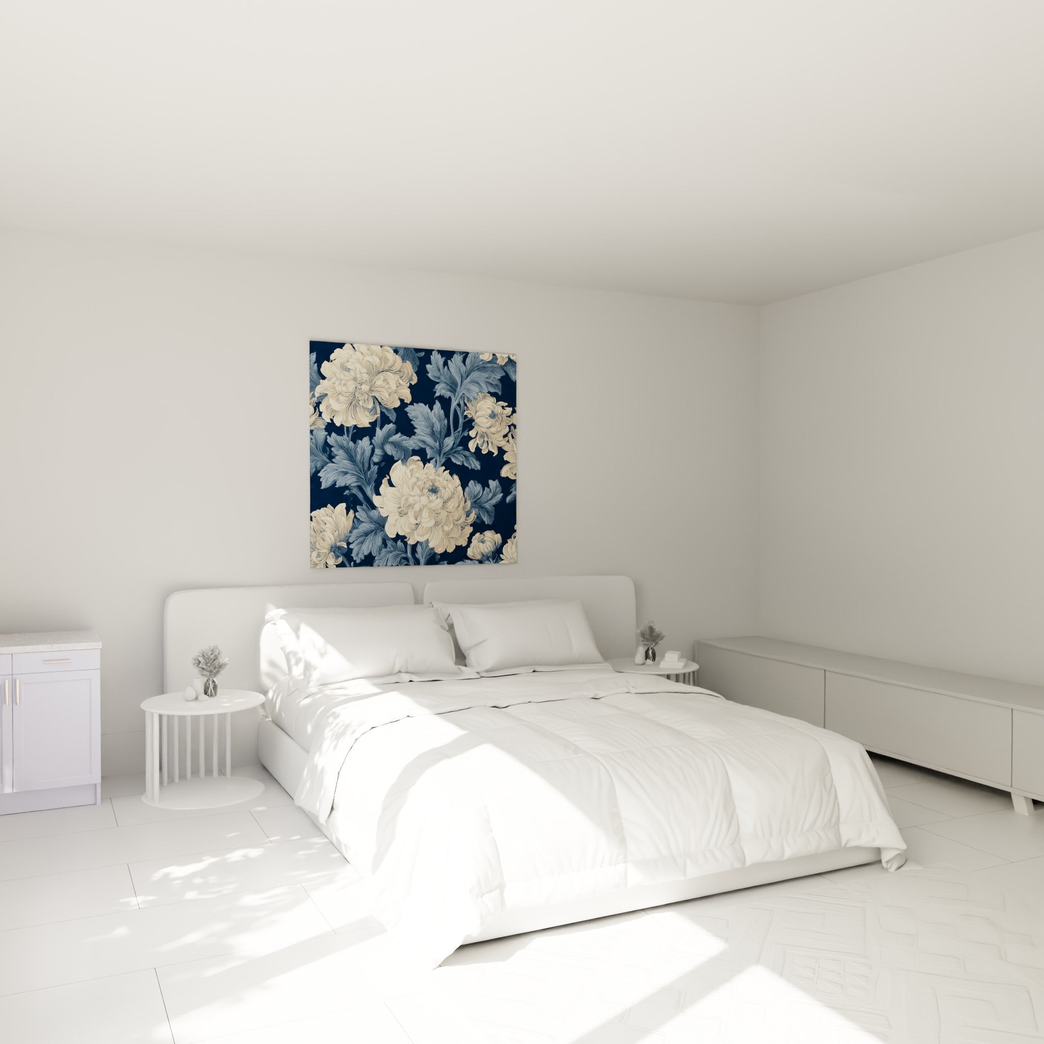 Fleurs de chrysanthème ivoire et bleu ardoise au-dessus d'un lit dans une chambre claire