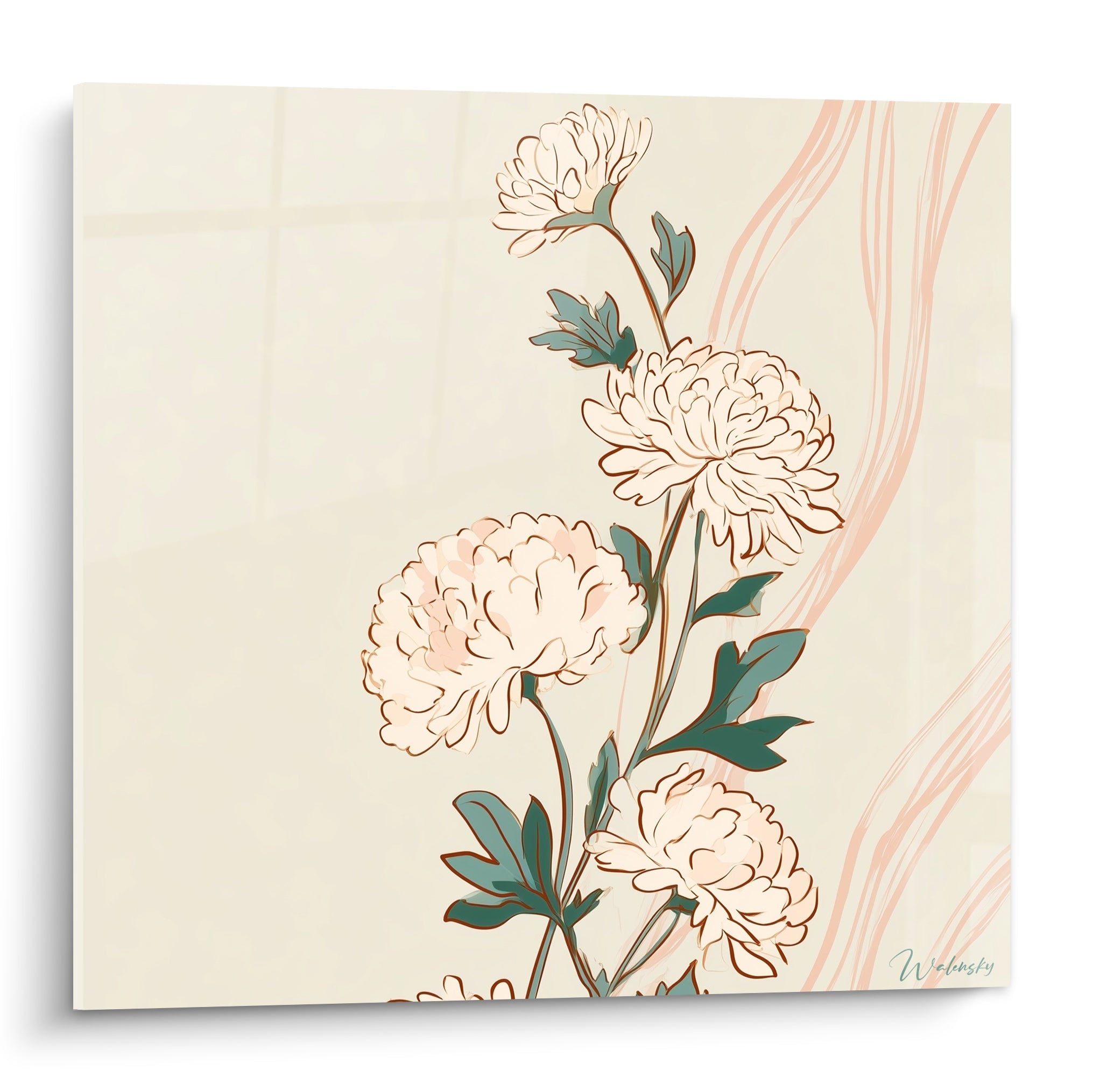 Chrysanthèmes crème et rose poudré aux feuilles vert sauge sur fond ivoire clair