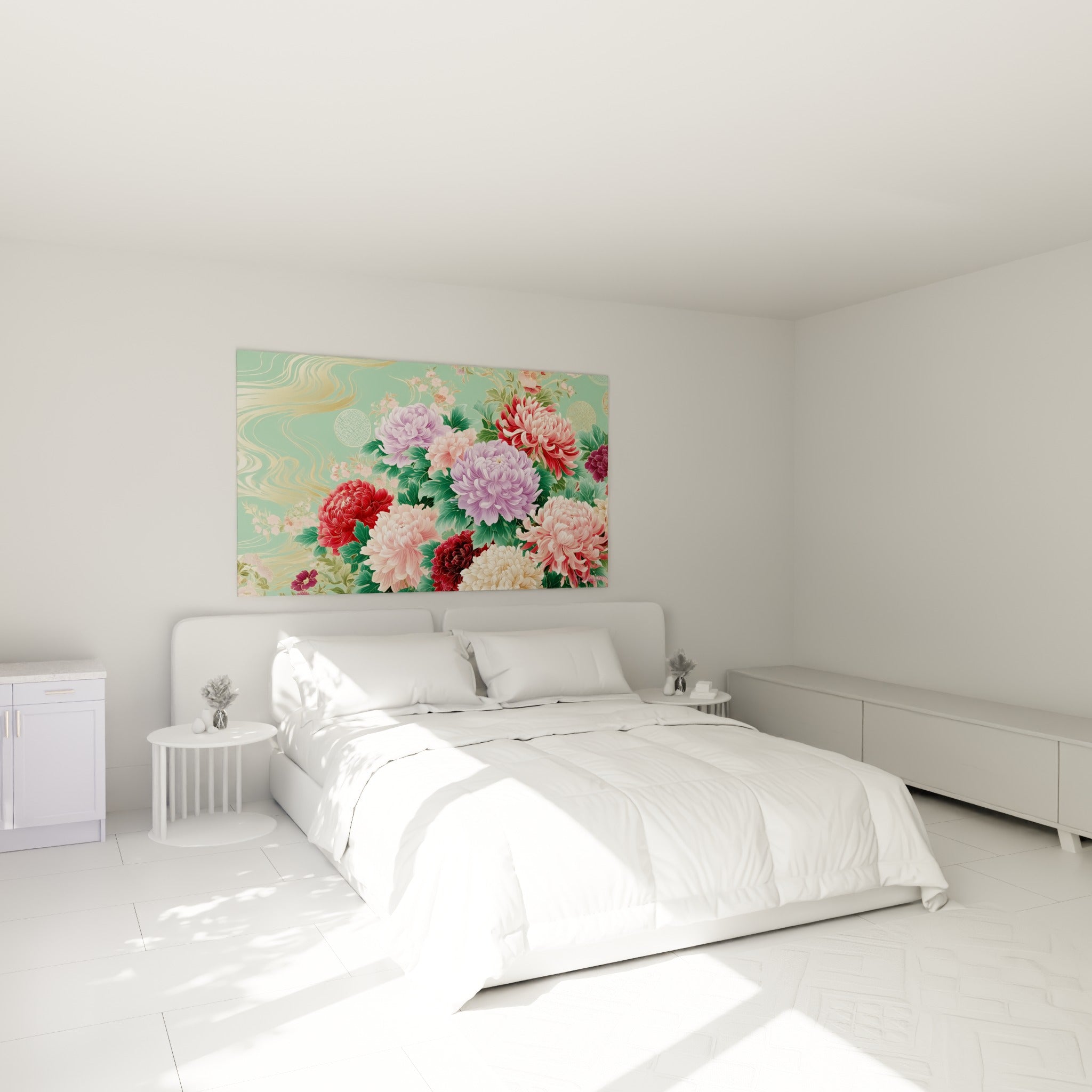 Bouquet de chrysanthèmes mauves et roses accroché au-dessus d'un lit dans une chambre claire