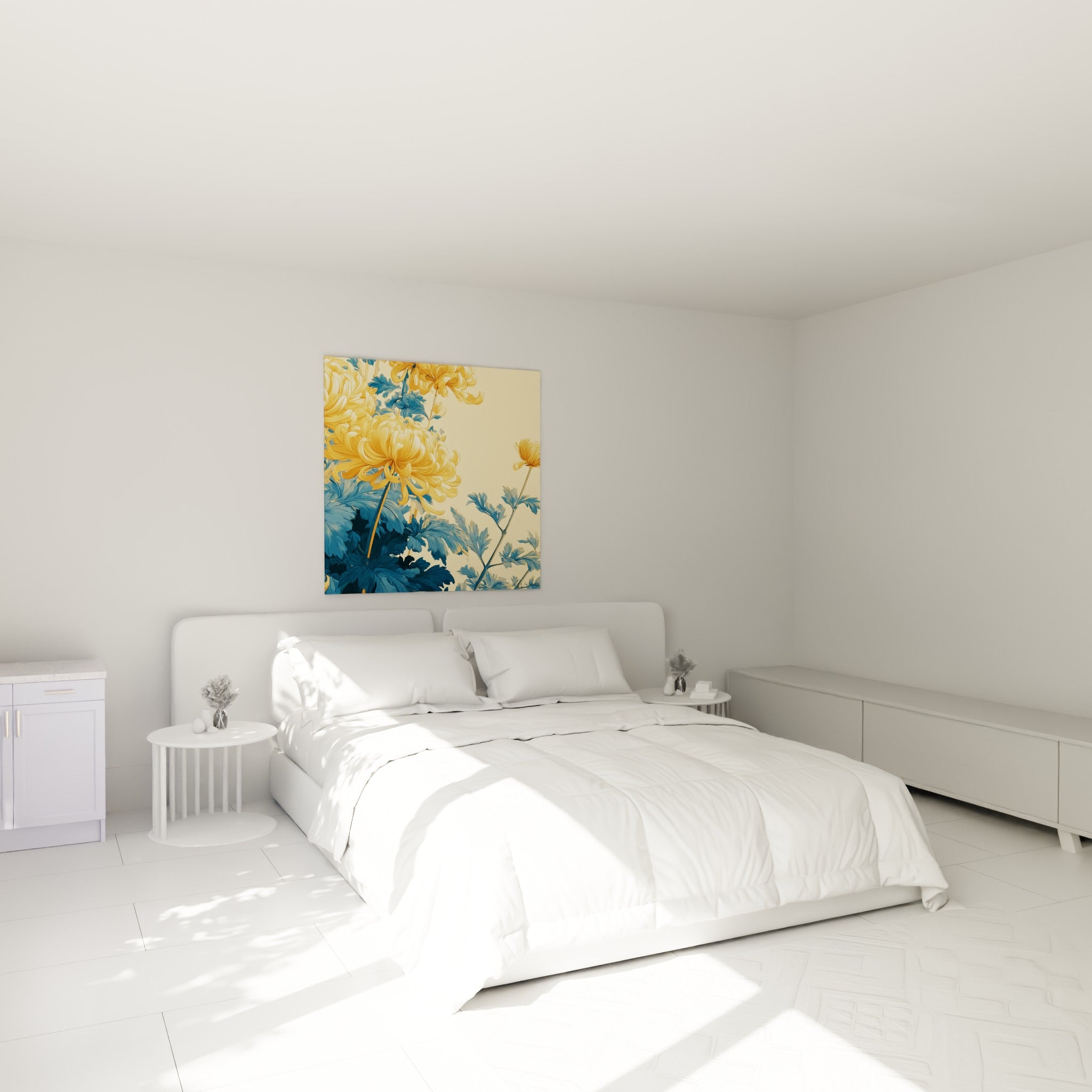 Fleurs dorées et feuillage bleu pétrole du tableau Chrysanthème au-dessus d'un lit dans une chambre claire