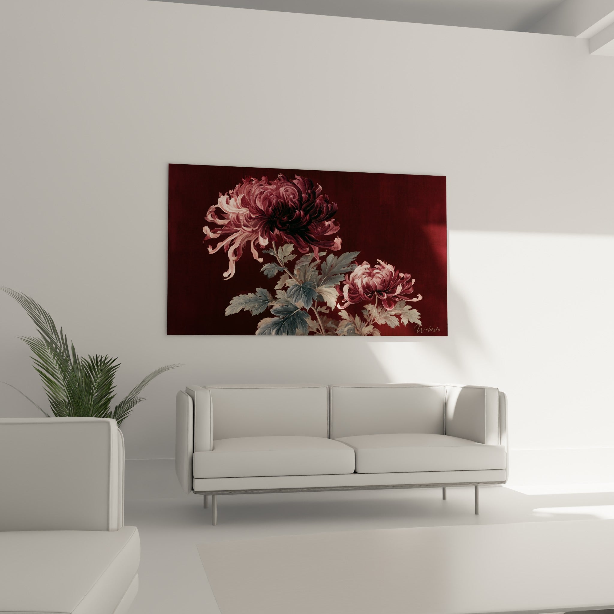 Pétales de chrysanthème ondulés en rose pâle et bordeaux intense, au-dessus d'un canapé dans un salon lumineux