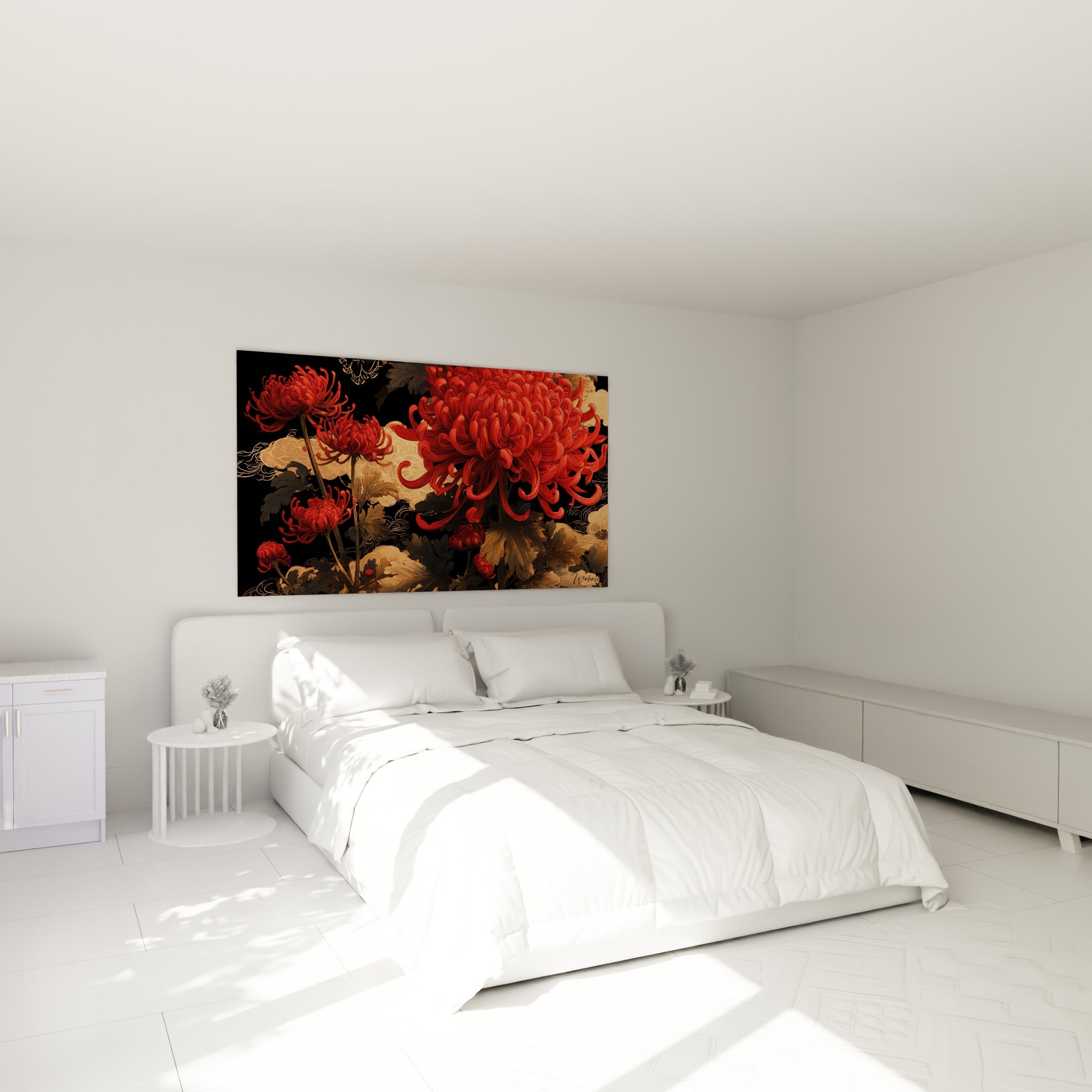 Fleurs de chrysanthème écarlates et dorées disposées au-dessus d'un lit dans une chambre claire
