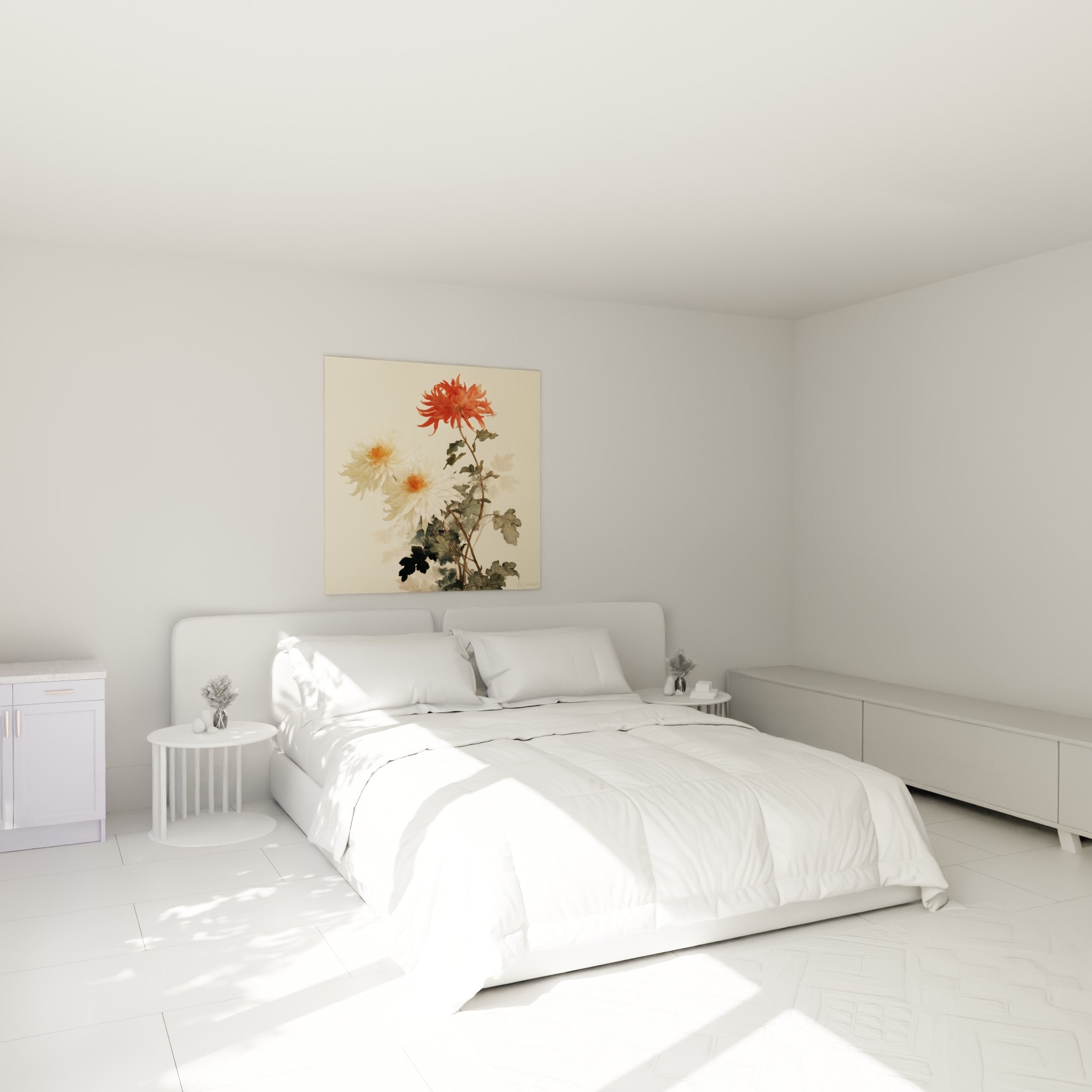 Fleurs de chrysanthème ivoire et corail peintes délicatement, accrochées au-dessus d'un lit dans une chambre claire