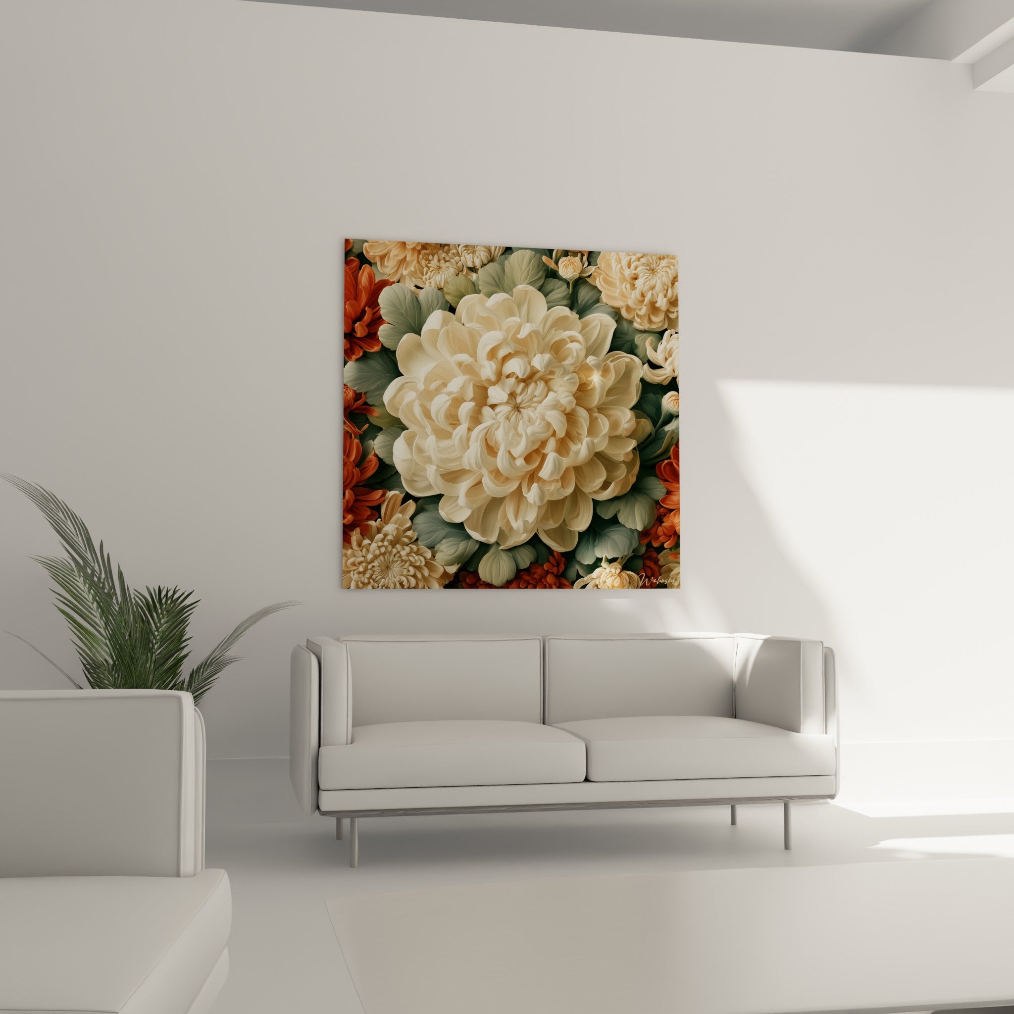 Fleurs de chrysanthème ivoire et terracotta suspendues au-dessus d'un canapé dans un salon lumineux