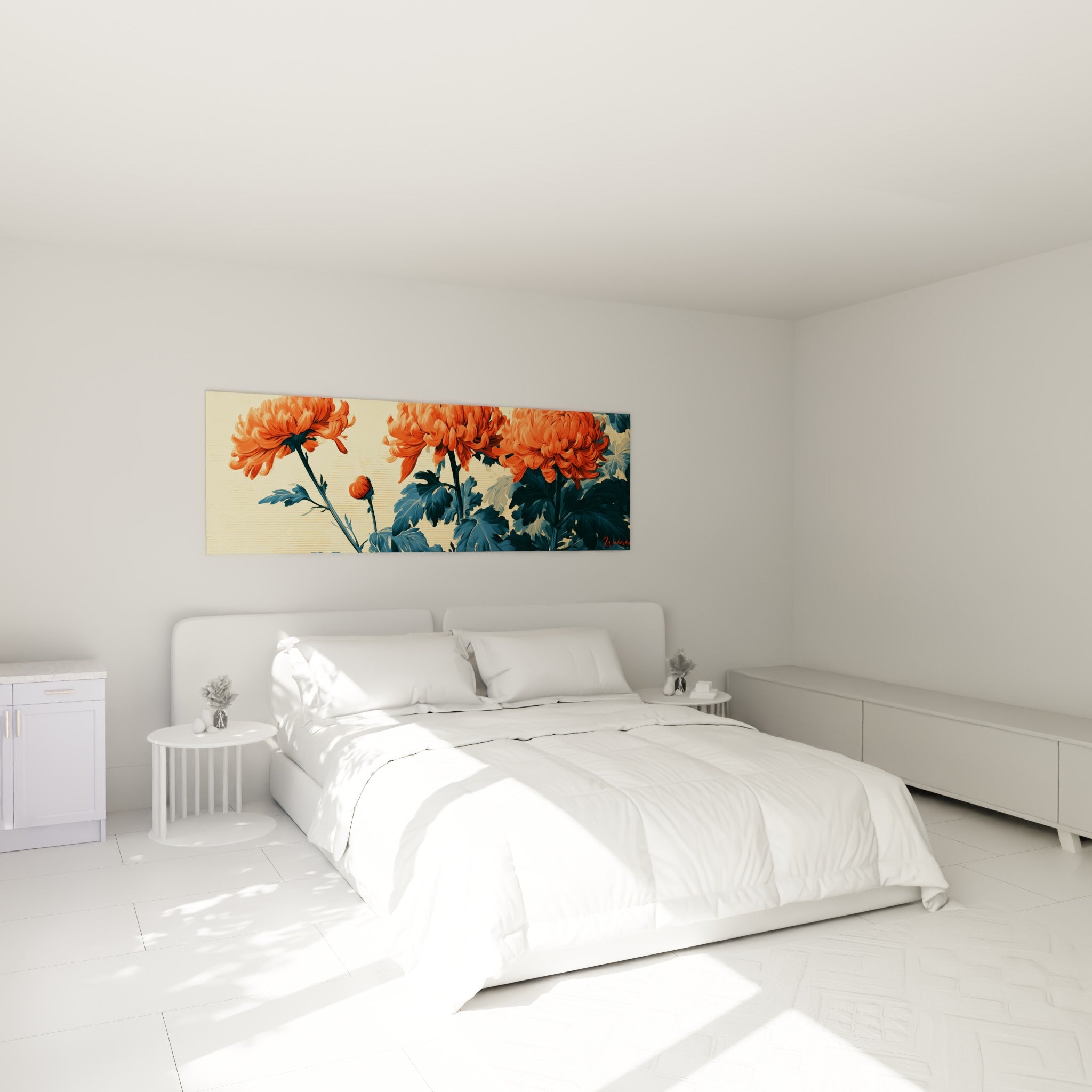 Fleurs de chrysanthème corail et feuillages bleu pétrole au-dessus d'un lit dans une chambre claire