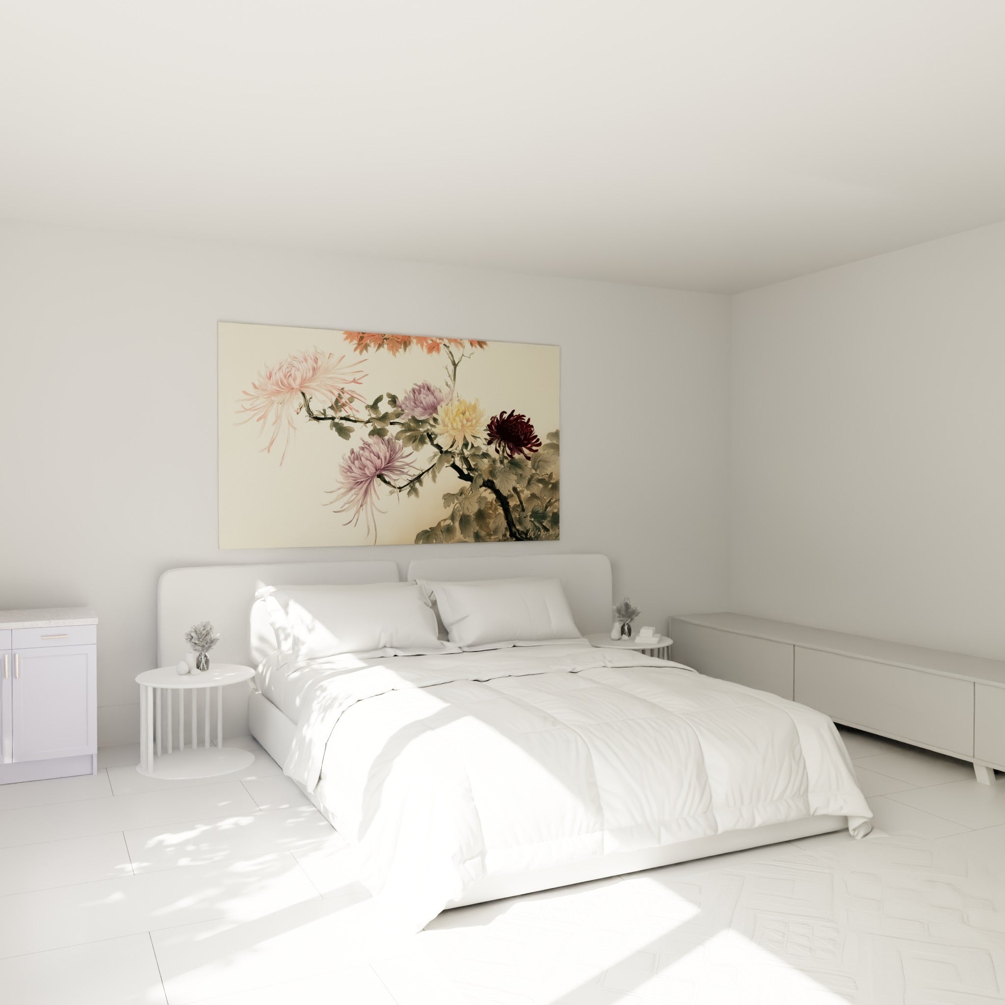 Fleurs de chrysanthème roses et violettes peintes finement, accrochées au-dessus d'un lit dans une chambre claire