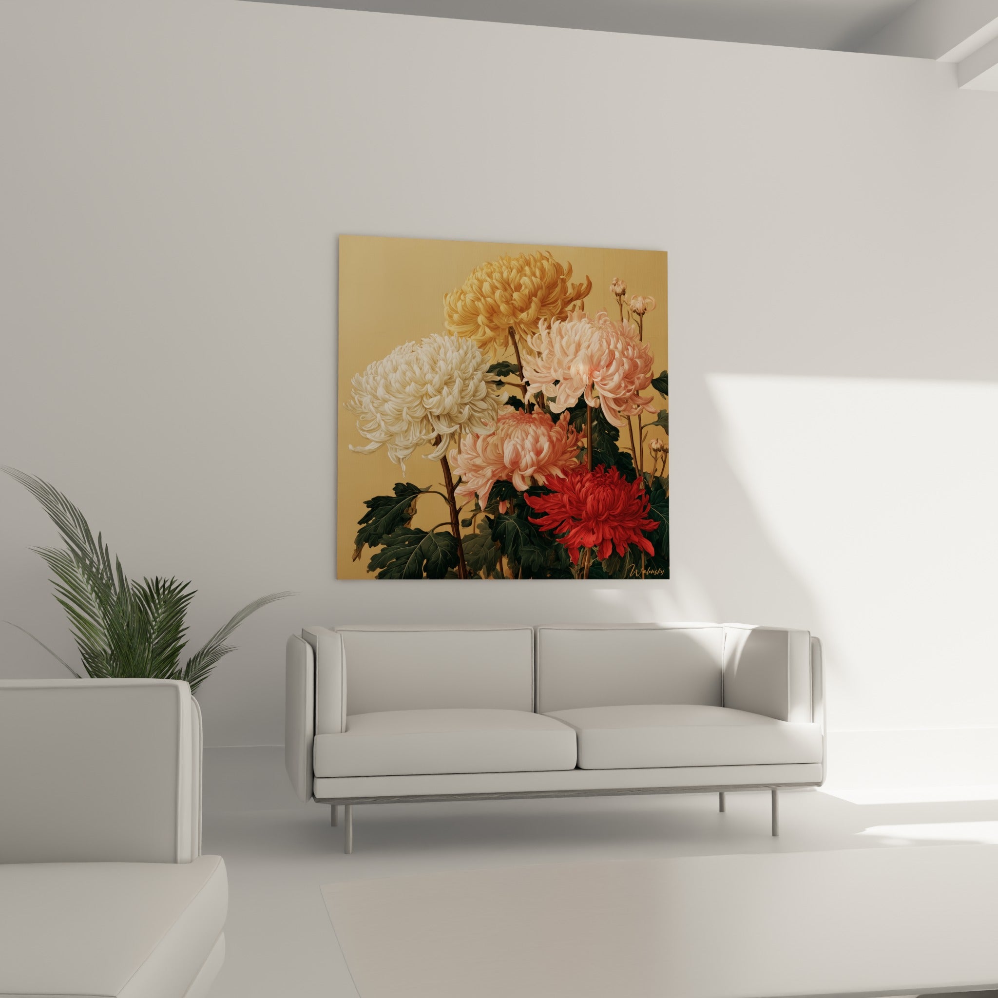 Fleurs de chrysanthème blanches et rouges disposées au-dessus d'un canapé dans un salon lumineux