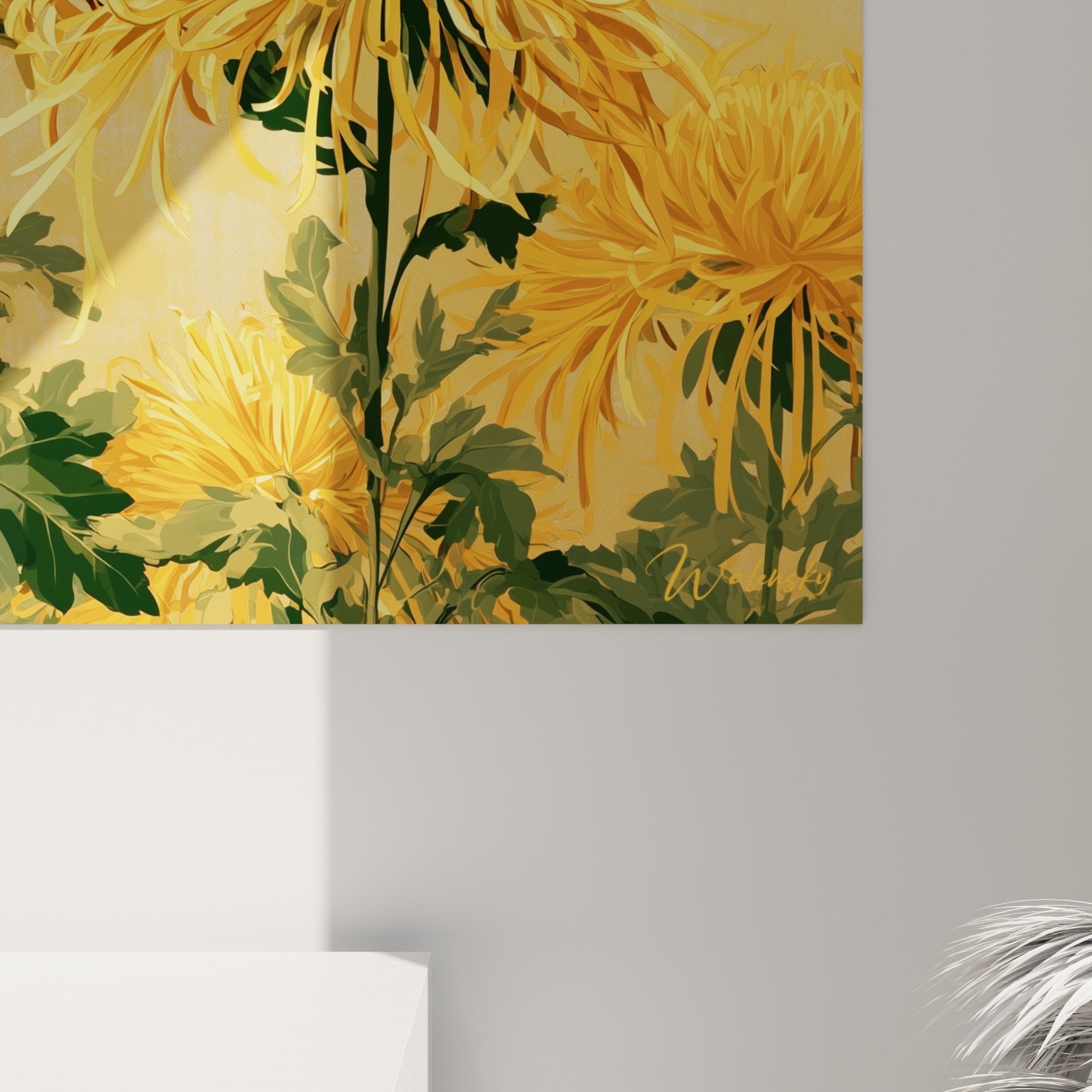 Grain de la toile révélant les nuances miel et ambre des pétales de chrysanthème en gros plan