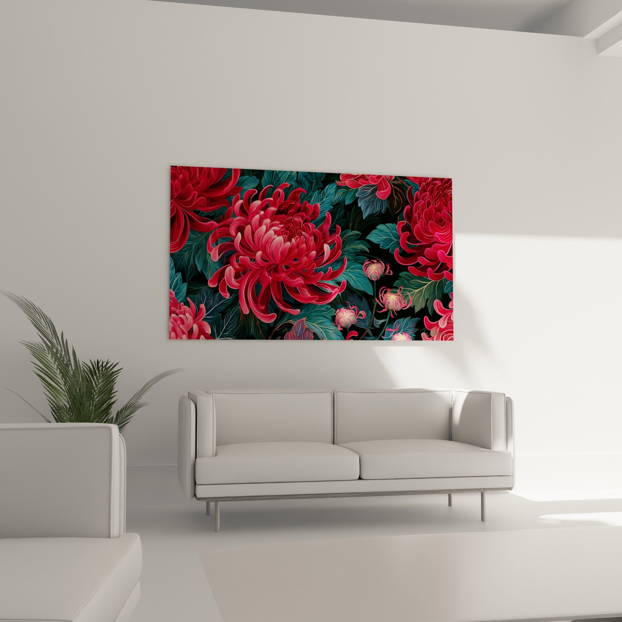 Pétales de chrysanthème grenat et feuillage vert sauge suspendus au-dessus d'un canapé dans un salon lumineux
