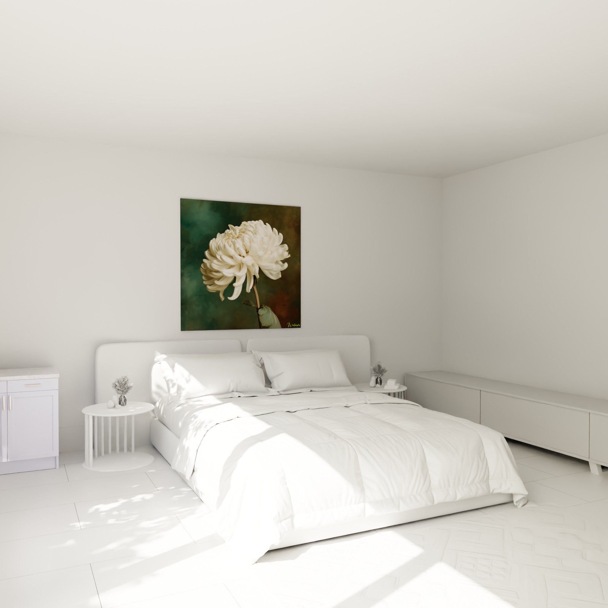 Pétales ivoire du chrysanthème déployés au-dessus d'un lit dans une chambre claire