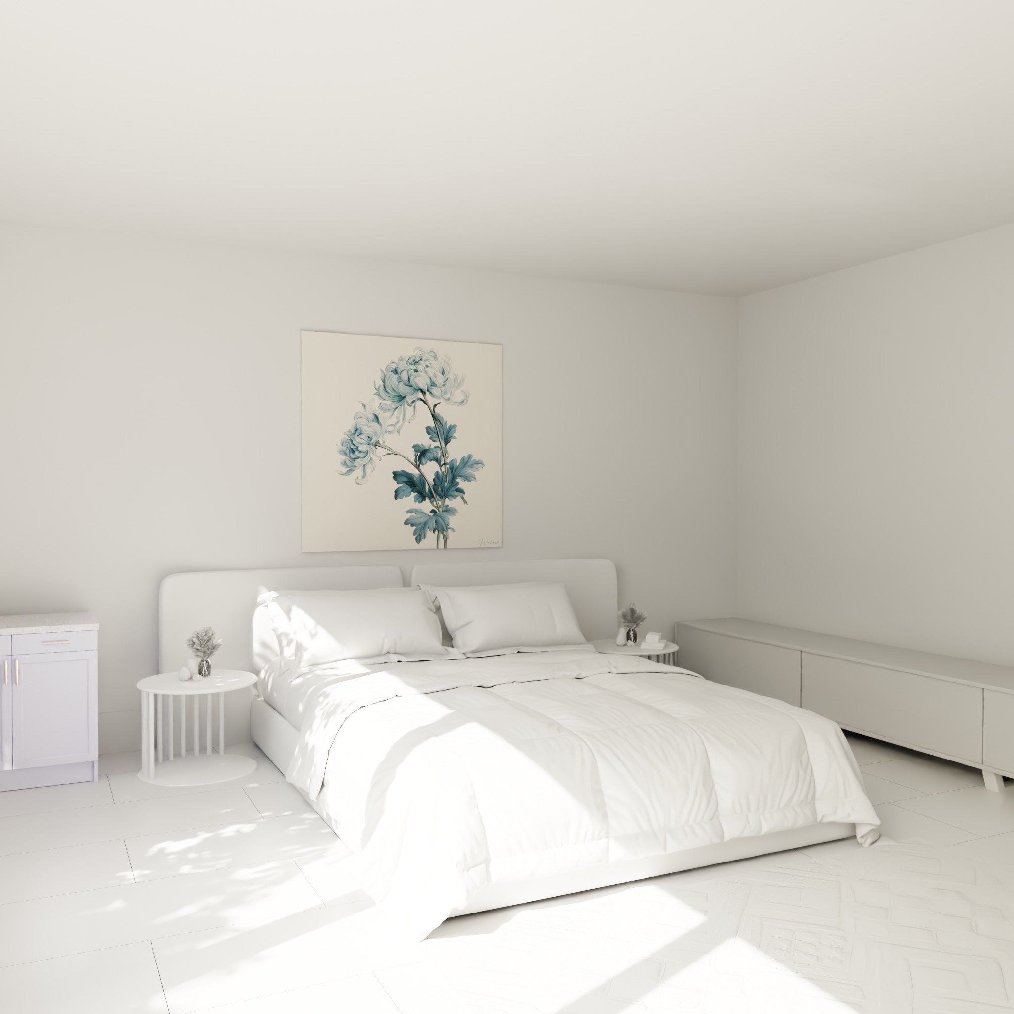 Chrysanthème bleu ardoise et blanc cassé accroché au-dessus d'un lit dans une chambre claire