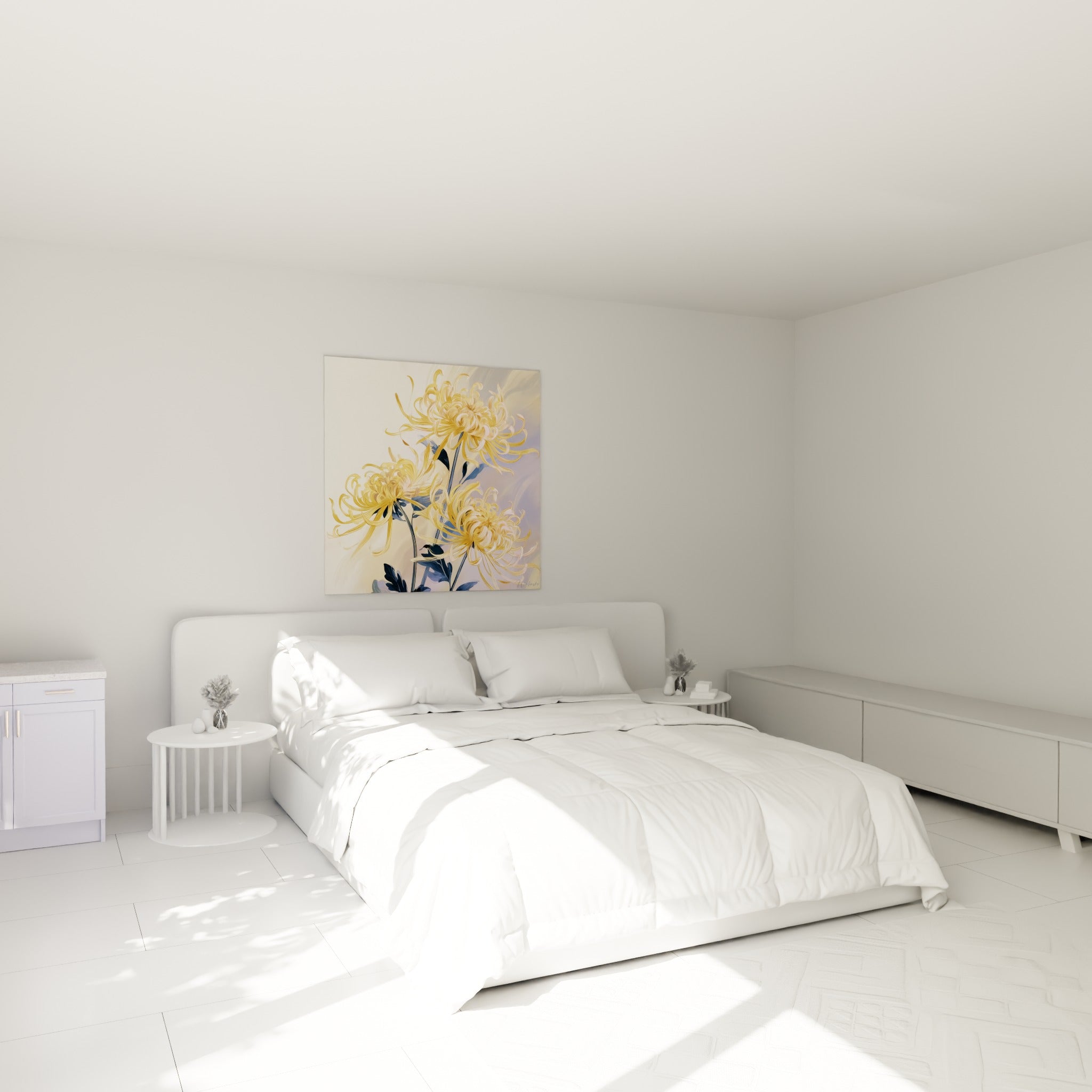Fleurs de chrysanthème dorées et anthracite, au-dessus d'un lit dans une chambre claire