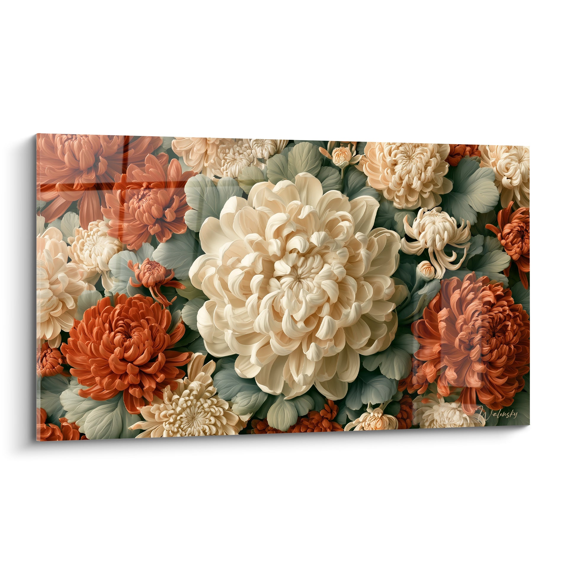 Chrysanthèmes ivoire et terracotta serrés, pétales denses et feuillage vert sauge en pleine floraison