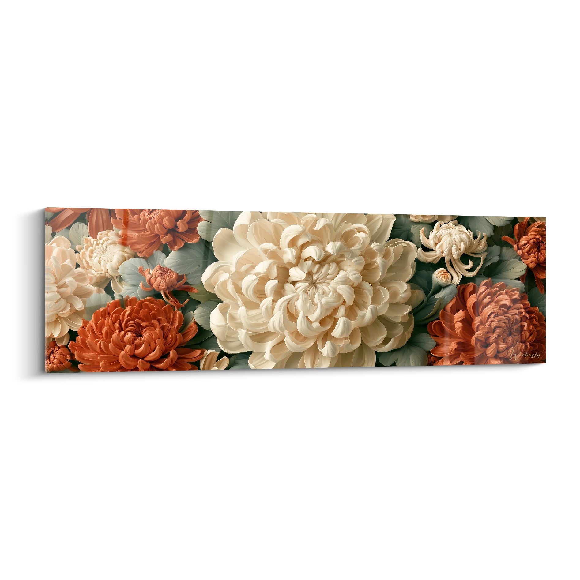 Chrysanthèmes ivoire et terracotta aux pétales denses, composition florale peinte en plein cadre