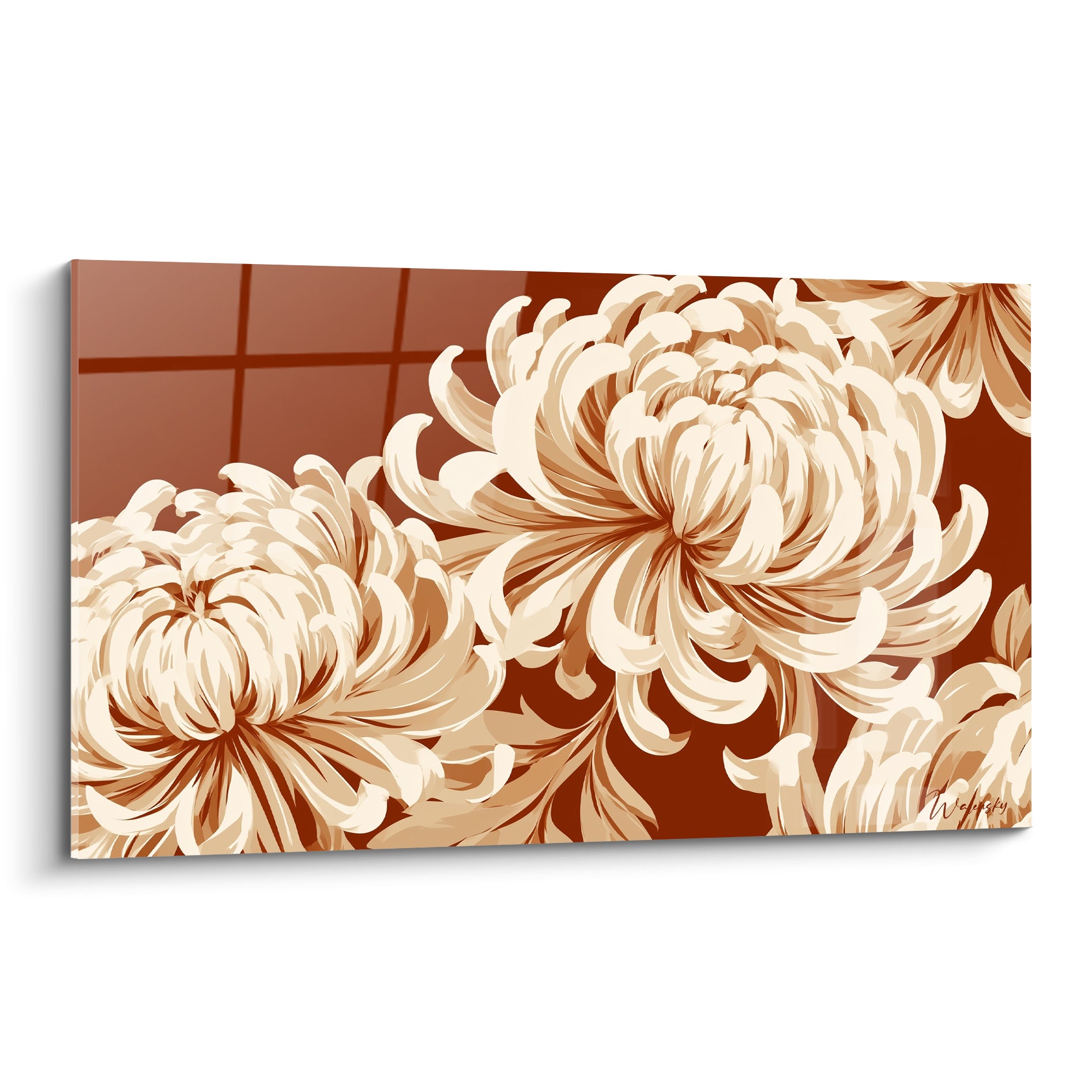 Chrysanthème ivoire et terracotta déployant ses pétales recourbés sur fond brun quadrillé