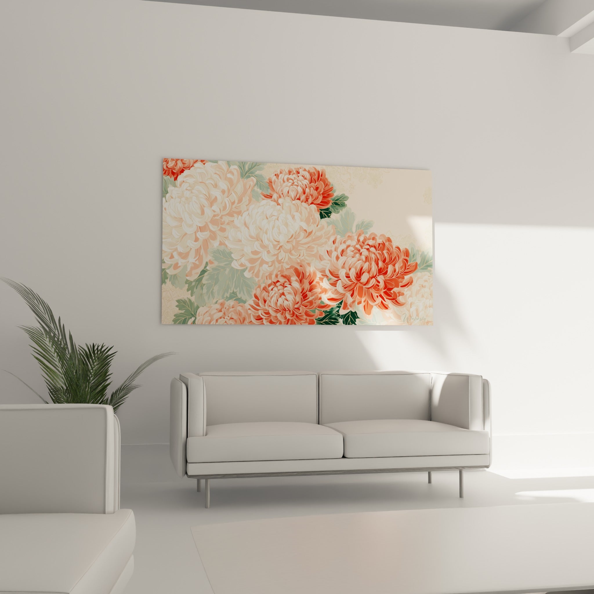 Fleurs de chrysanthème ivoire et corail aux feuillages sauge, au-dessus d'un canapé dans un salon lumineux