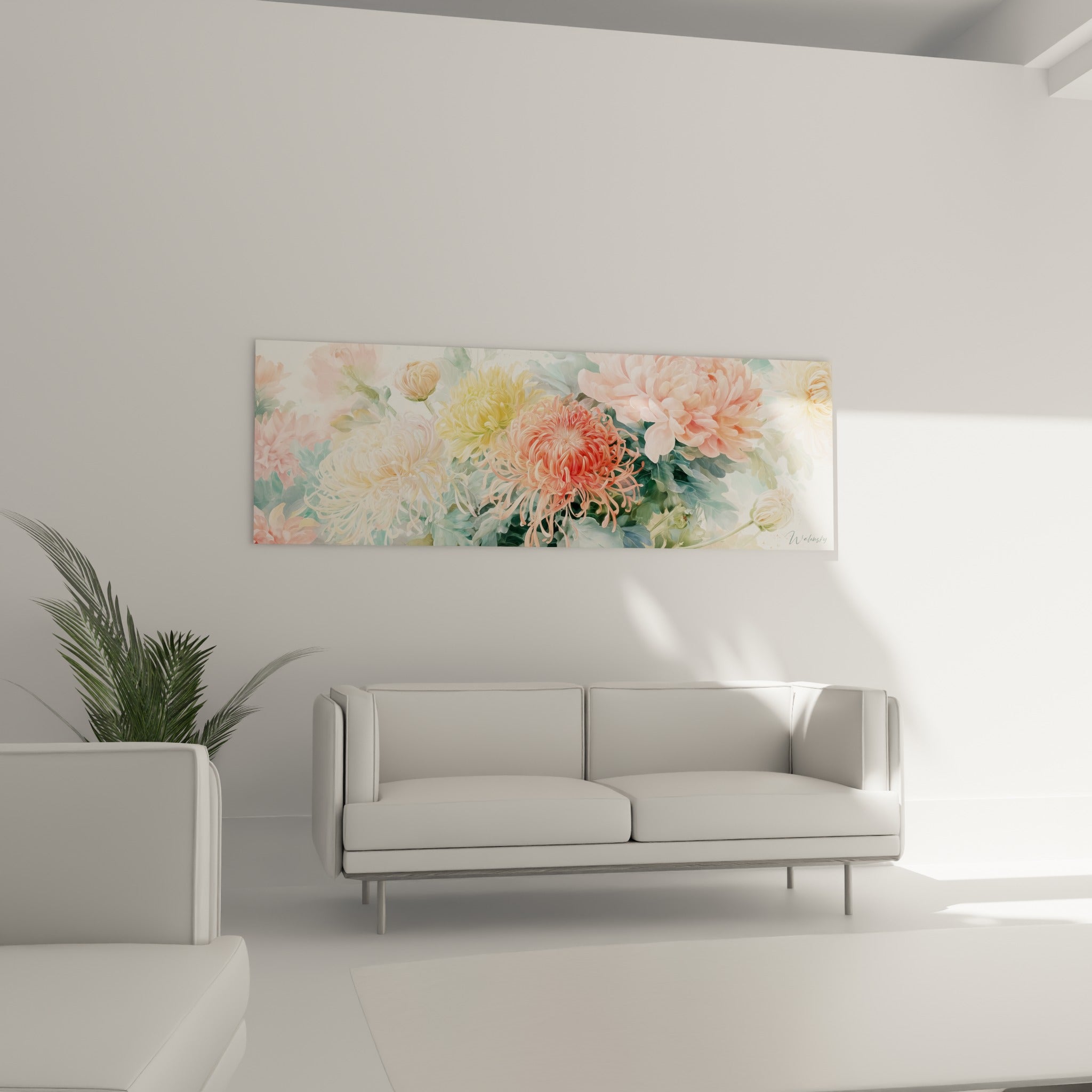 Fleurs de chrysanthème jaune tendre et corail disposées au-dessus d'un canapé dans un salon lumineux