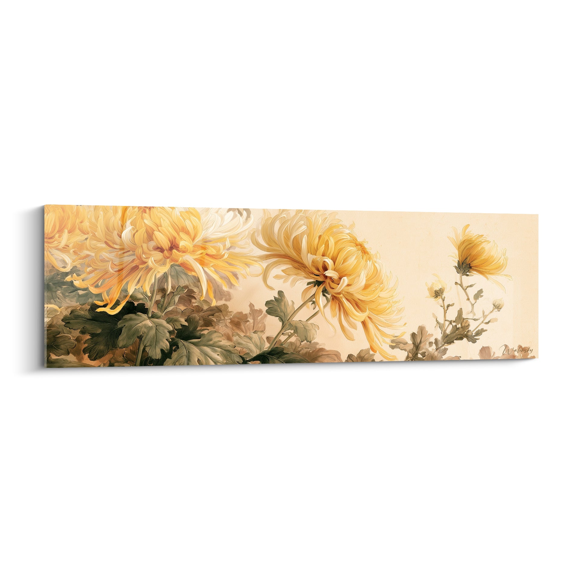 Chrysanthèmes jaune doré aux pétales effilés sur fond beige crème, peinture florale délicate