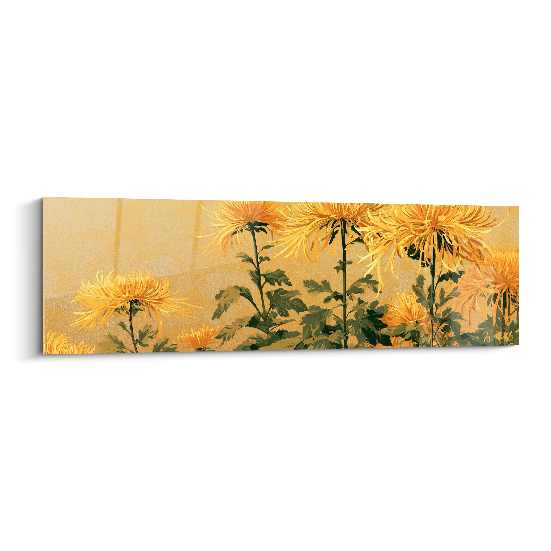 Chrysanthèmes jaune doré aux pétales effilés sur fond ocre, style botanique japonisant