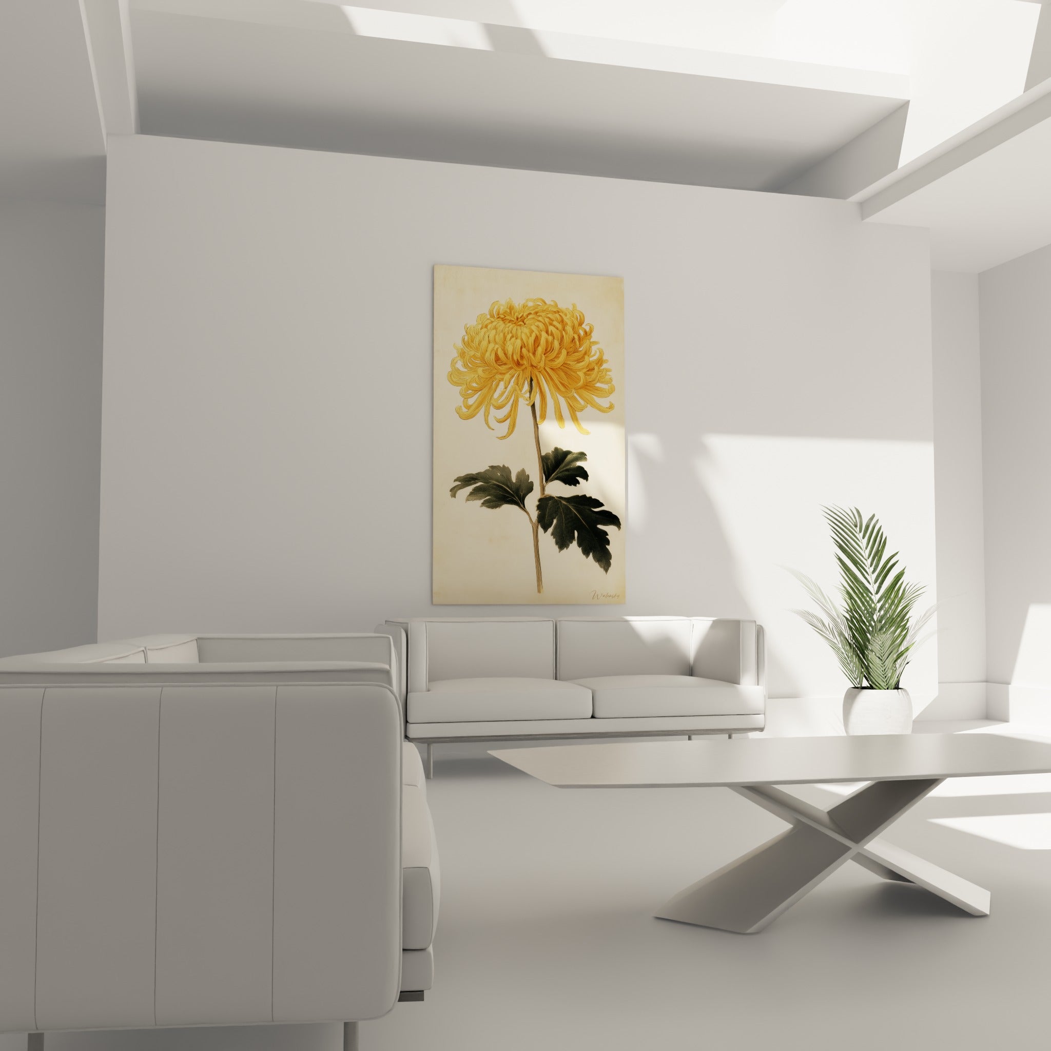Chrysanthème jaune orangé à la tige fine au-dessus d'un canapé dans un salon lumineux