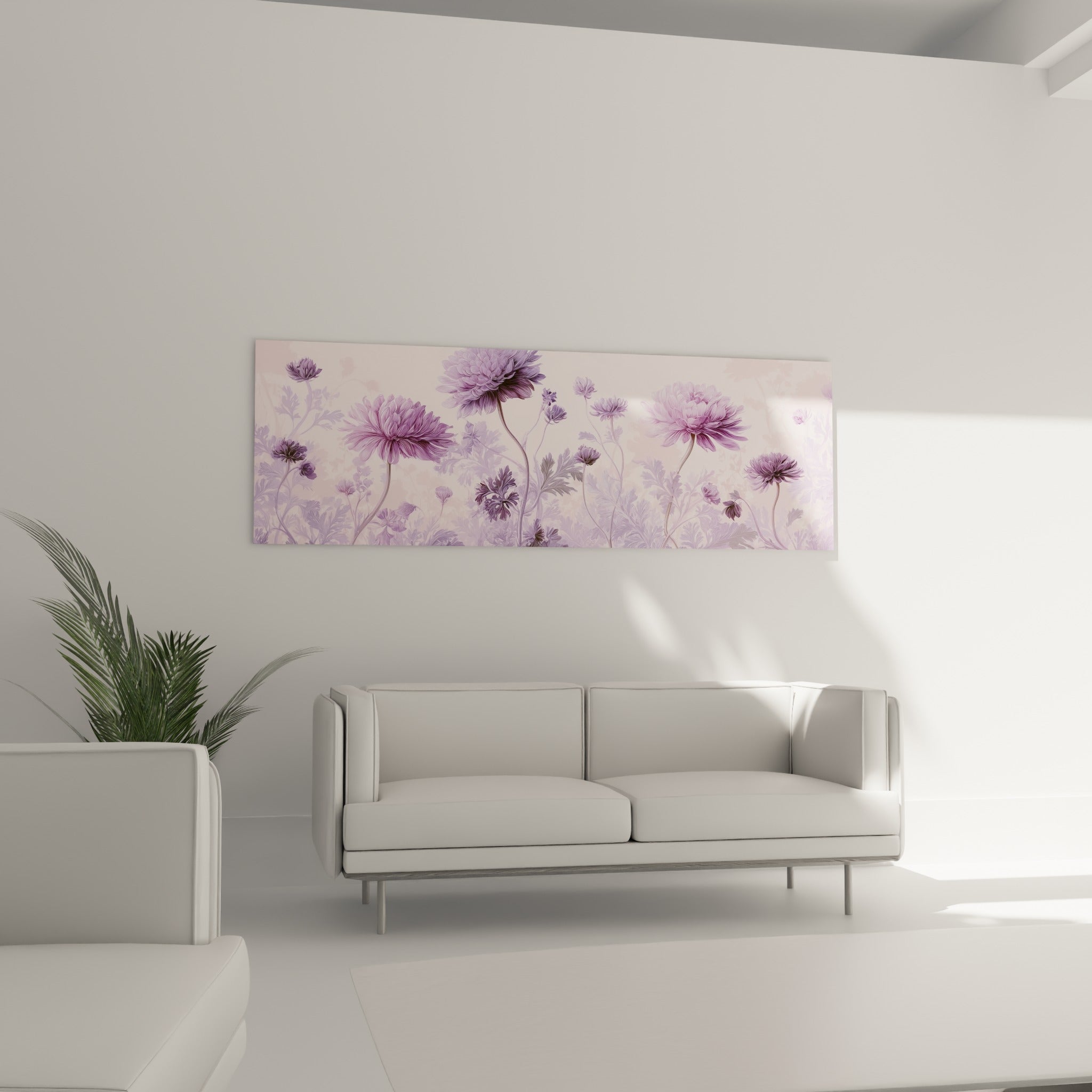 Chrysanthème lilas et gris argenté accroché au-dessus d'un canapé dans un salon lumineux