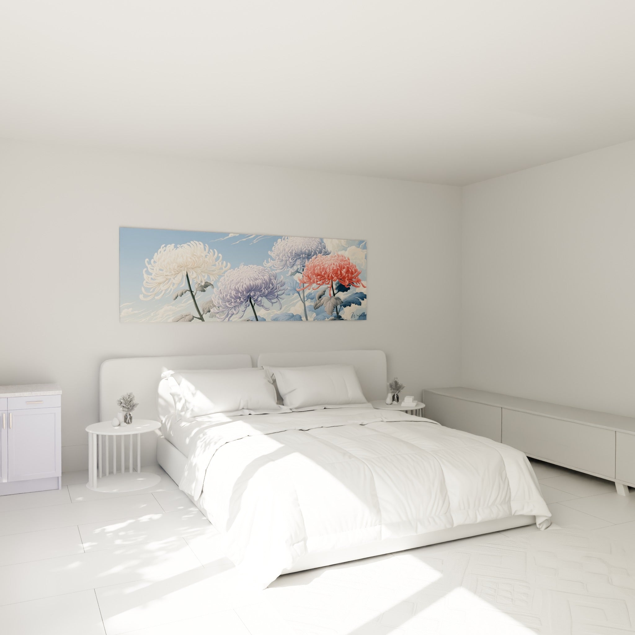 Fleurs de chrysanthème pastel et corail flottant au-dessus d'un lit dans une chambre claire