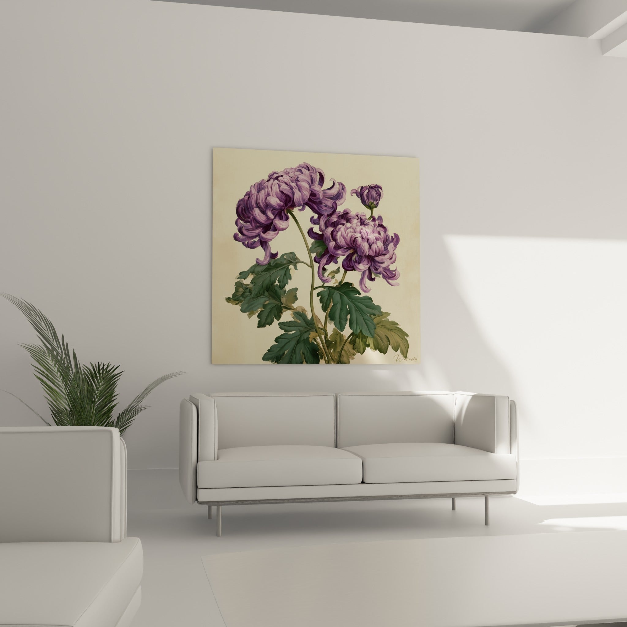 Chrysanthème lilas à volutes accroché au-dessus d'un canapé dans un salon lumineux