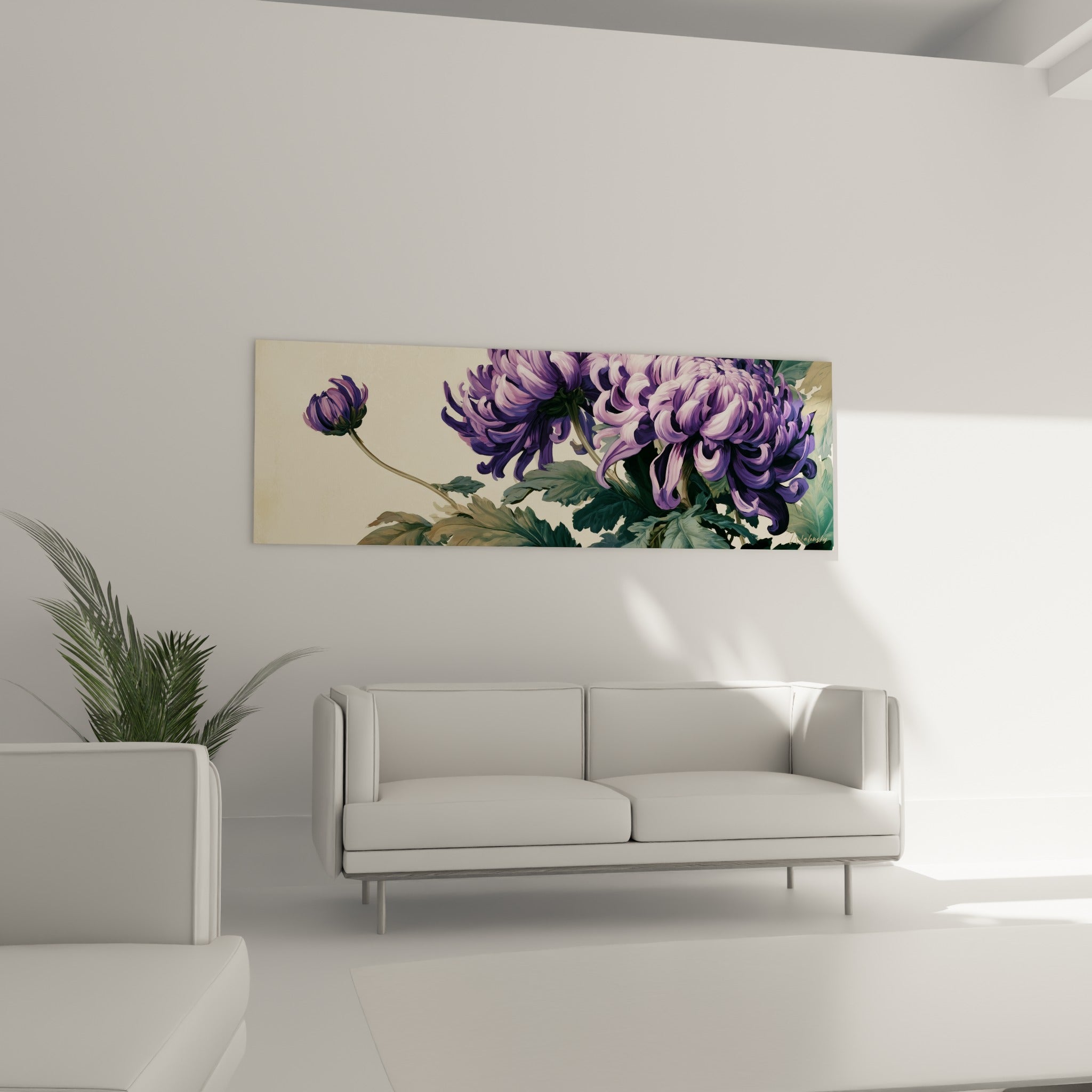 Pétales violets et lilas du chrysanthème peints avec finesse, au-dessus d'un canapé dans un salon lumineux
