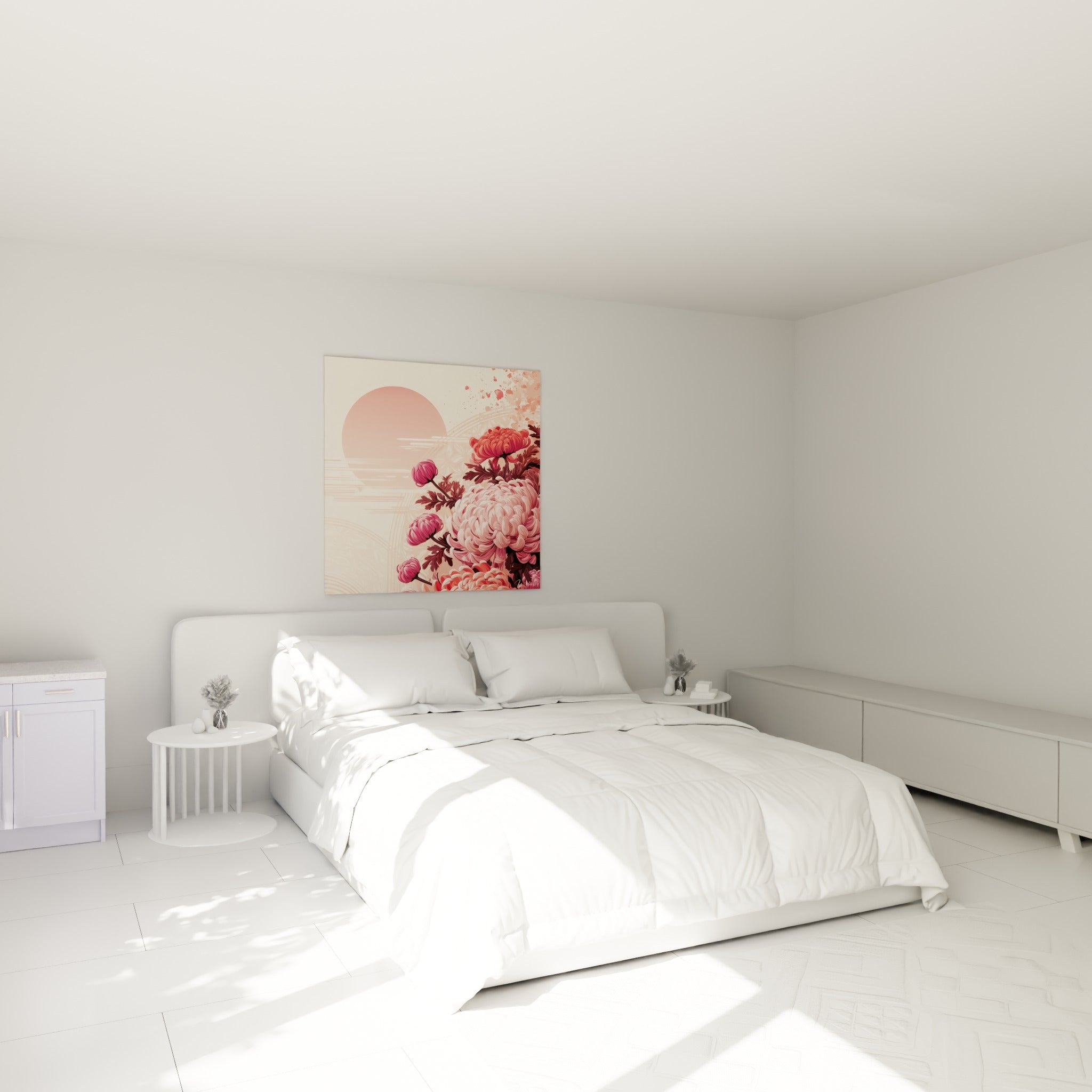 Chrysanthème rose et magenta épanoui, accroché au-dessus d'un lit dans une chambre claire