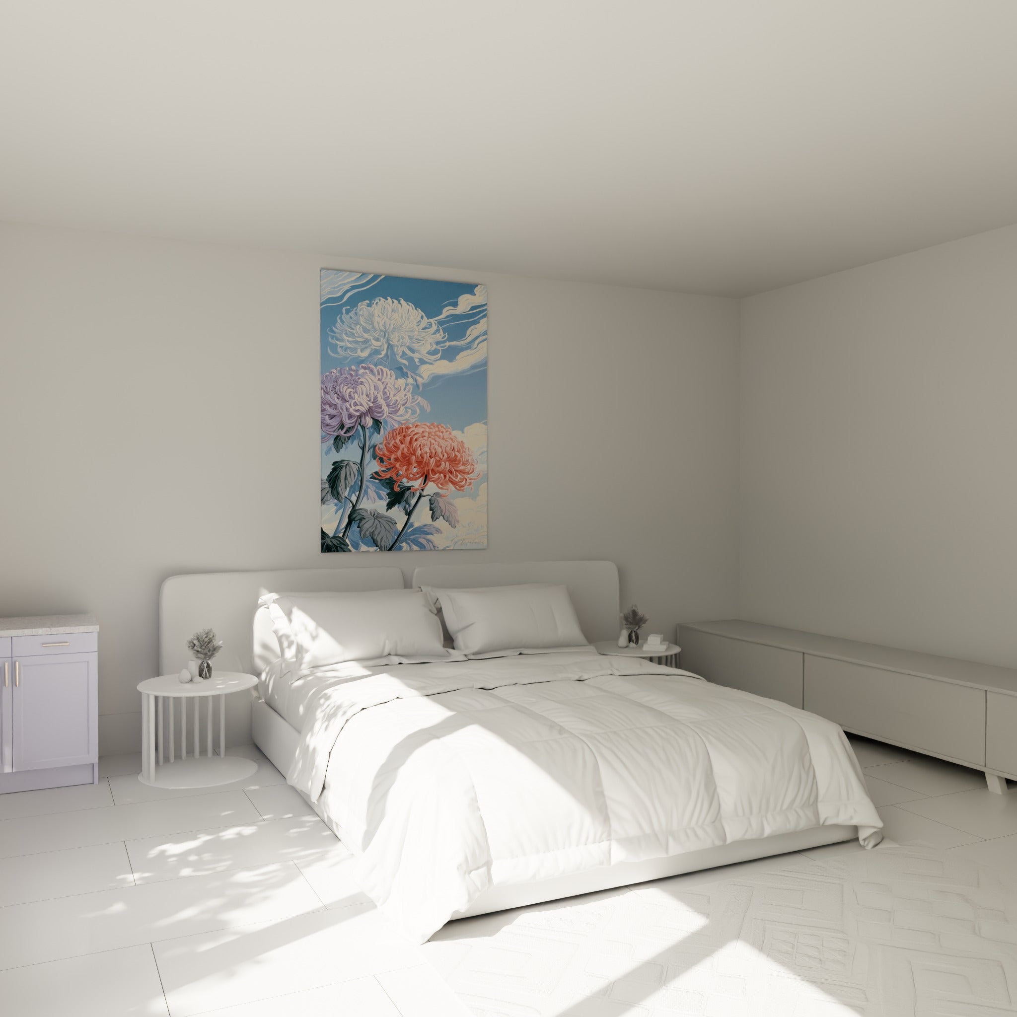 Fleurs de chrysanthème corail et bleu ciel accrochées au-dessus d'un lit dans une chambre claire