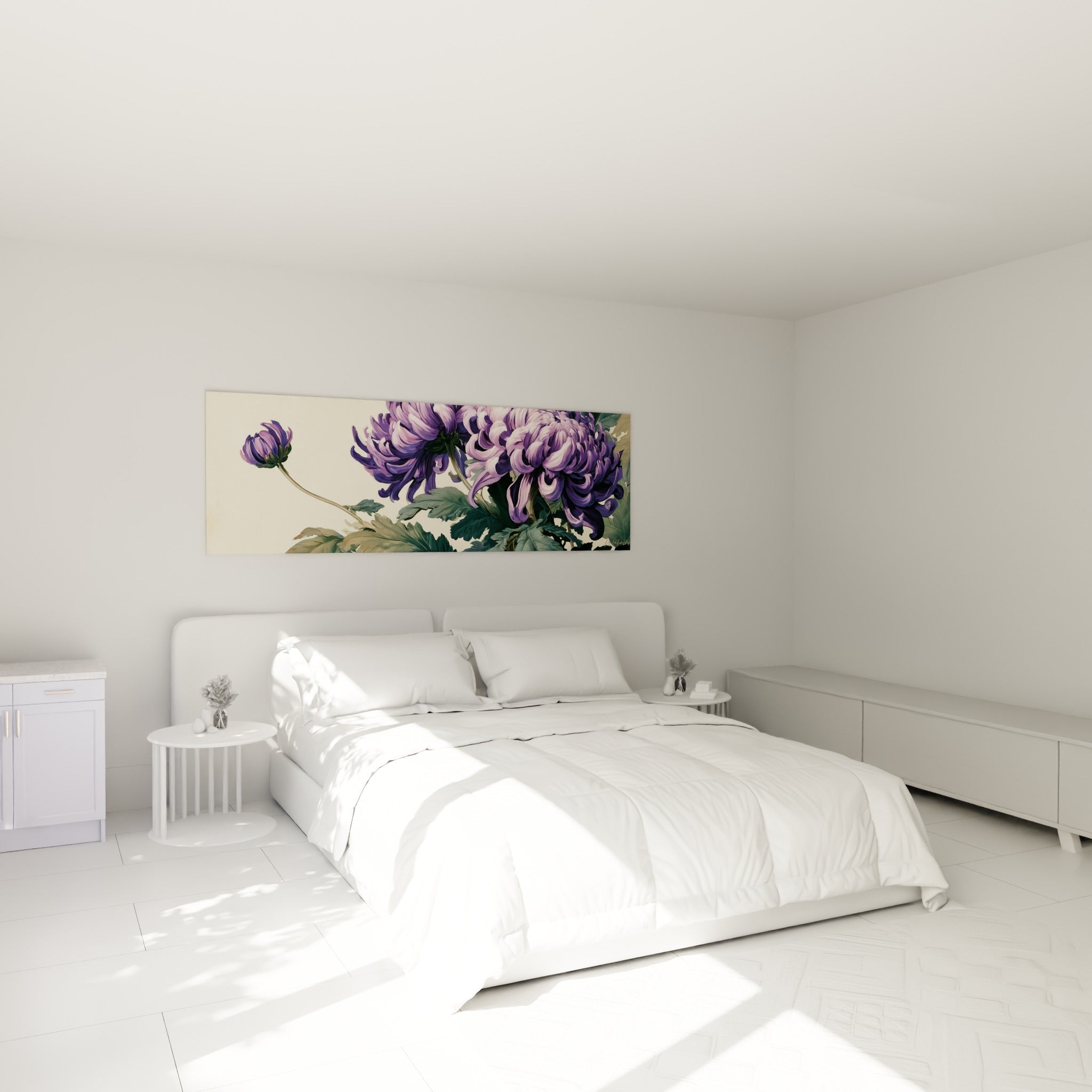 Fleur de chrysanthème mauve et rose pâle accrochée au-dessus d'un lit dans une chambre claire