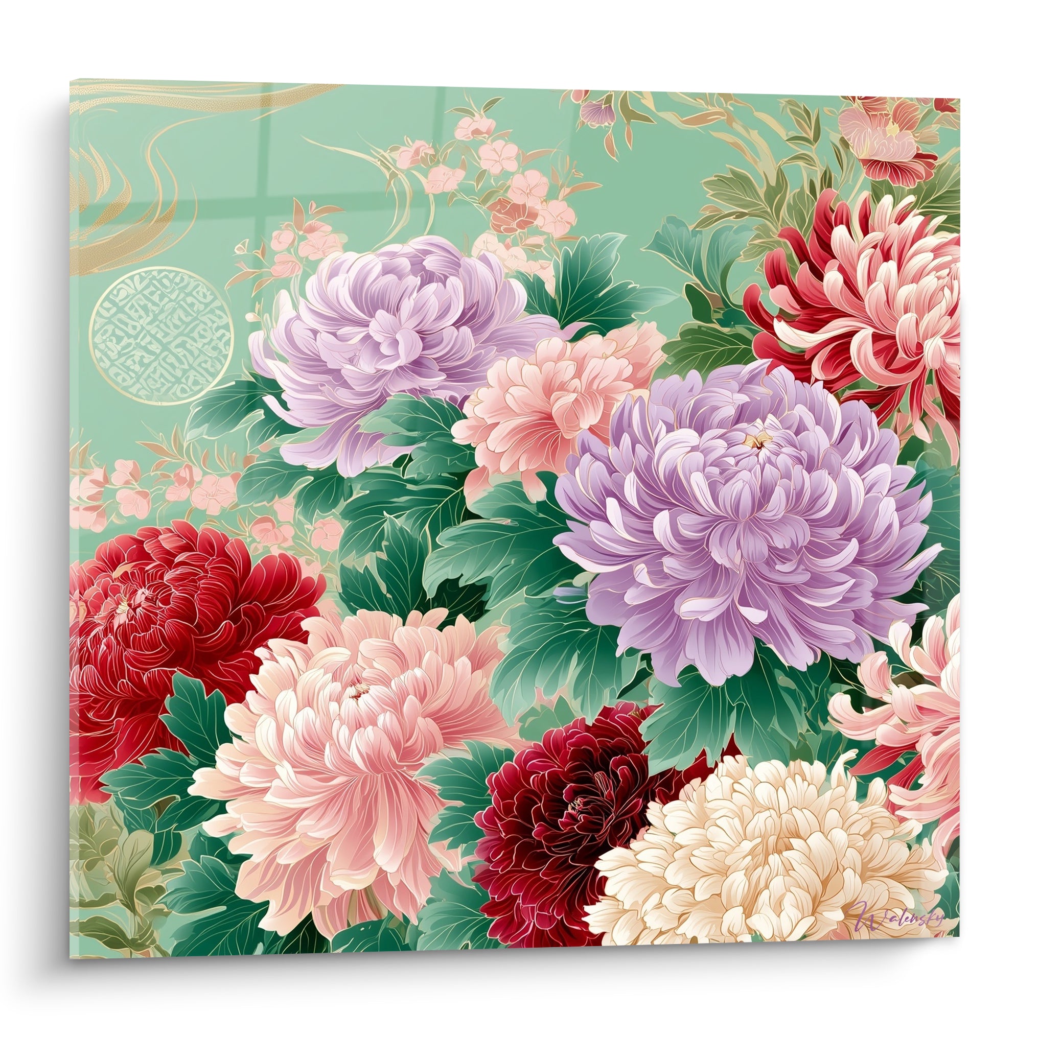 Chrysanthèmes mauves, roses et bordeaux peints sur fond vert d'eau orné de motifs dorés