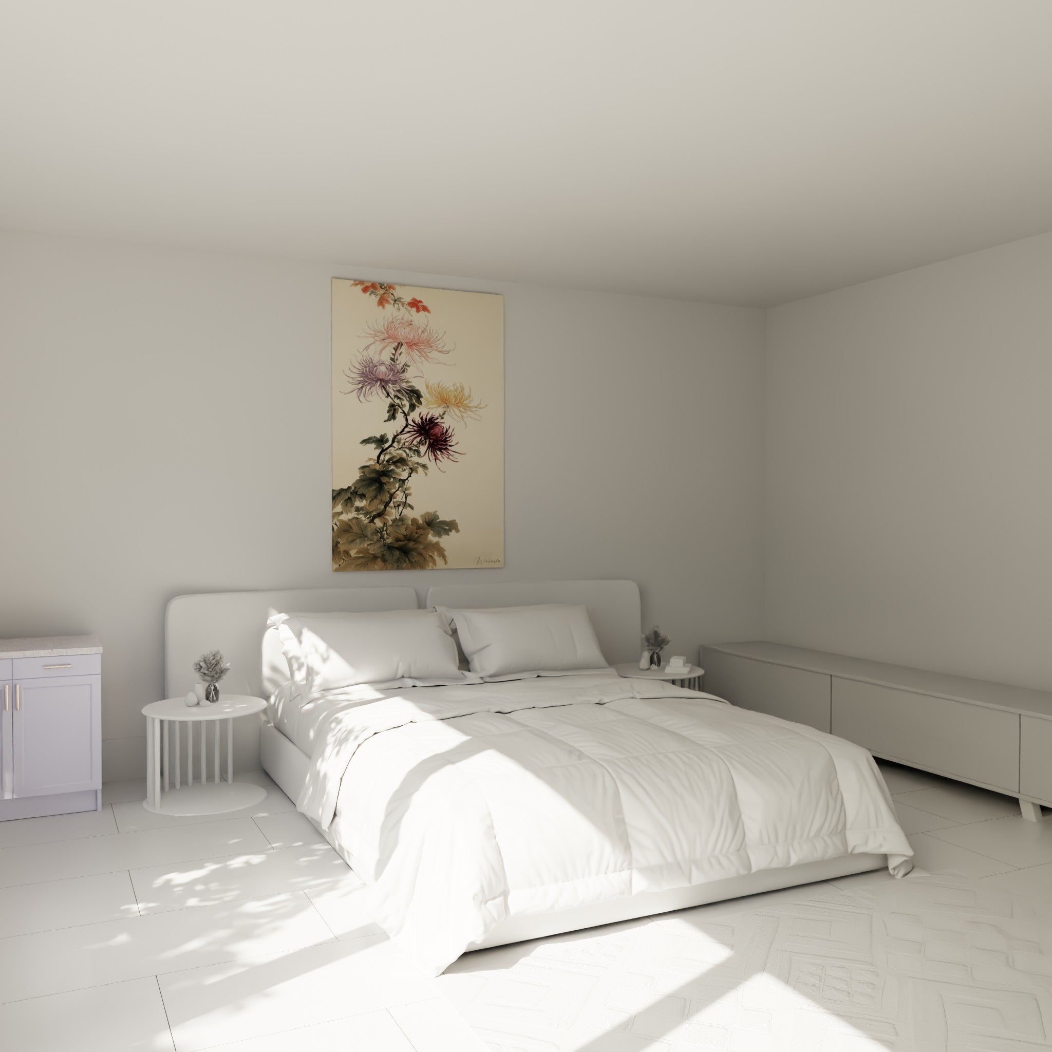 Branche de chrysanthèmes mauves et dorés au-dessus d'un lit dans une chambre claire