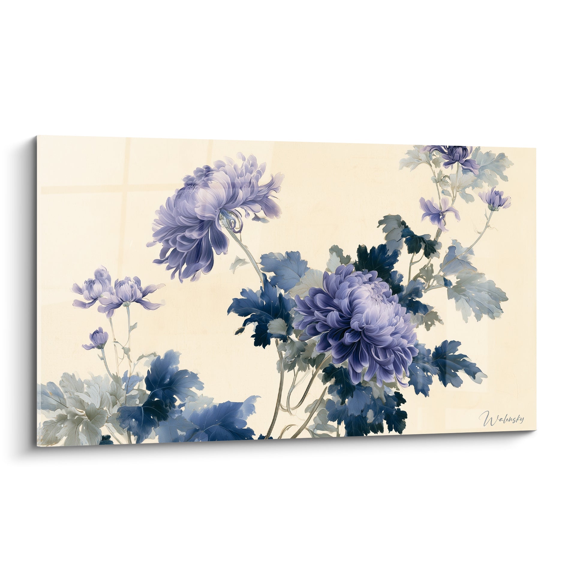 Chrysanthème mauve et lavande aux feuilles bleu marine peint sur fond ivoire lumineux
