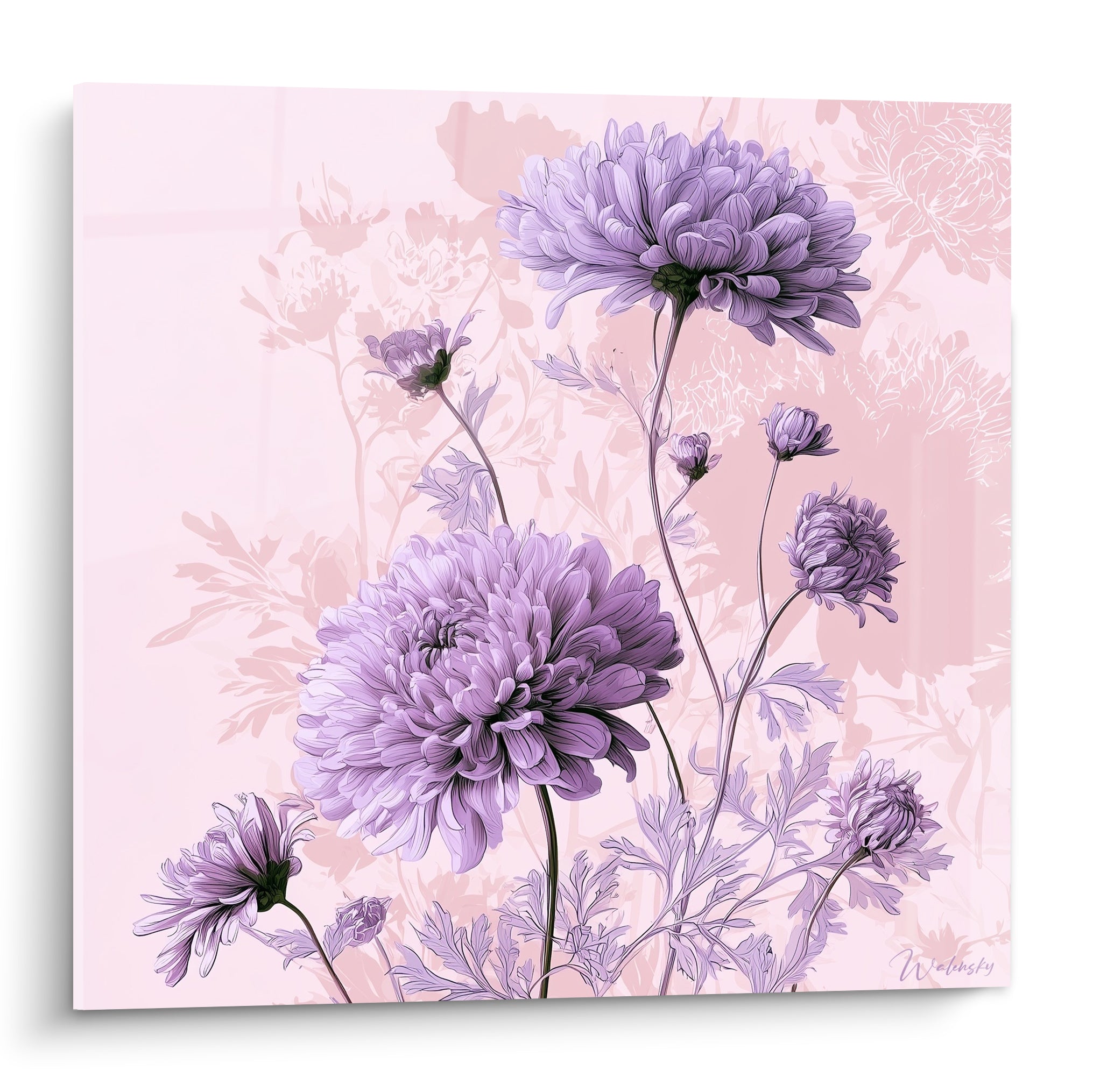 Chrysanthèmes mauves épanouis sur fond rose poudré, pétales denses au style illustratif précis