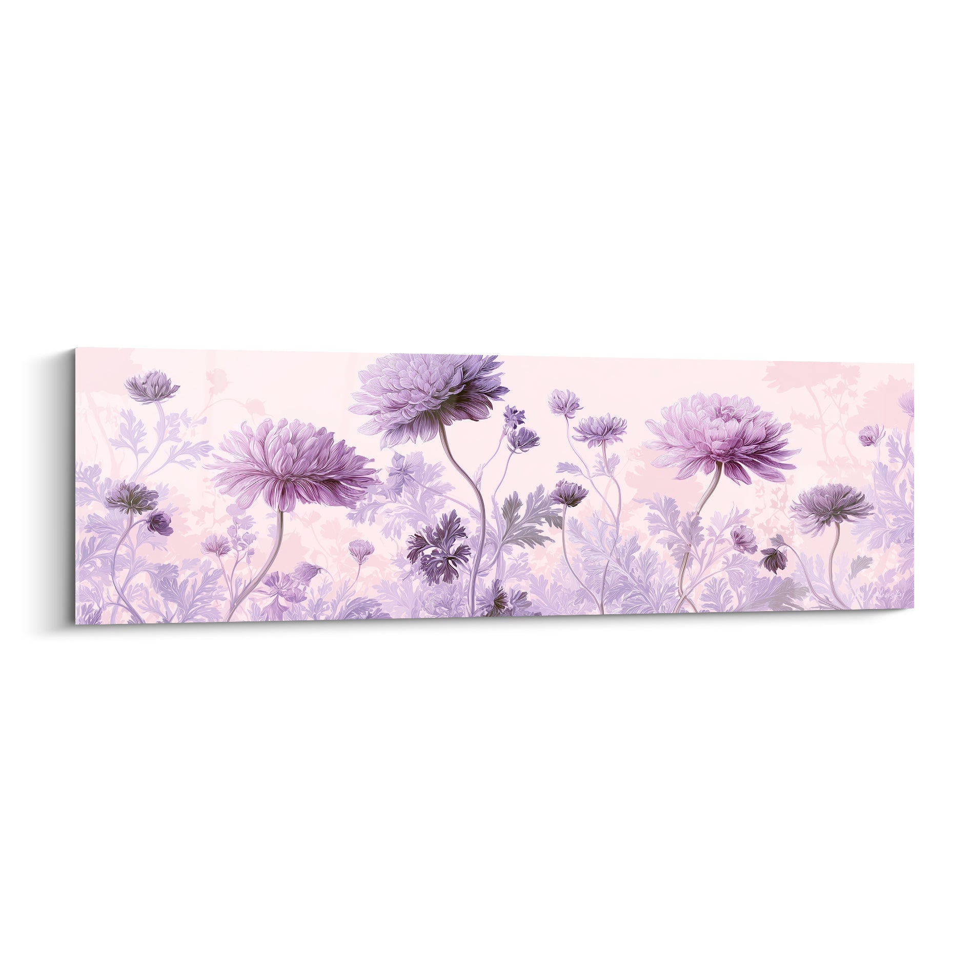 Chrysanthèmes mauves et roses aux tiges fines, illustration botanique sur fond pastel délicat
