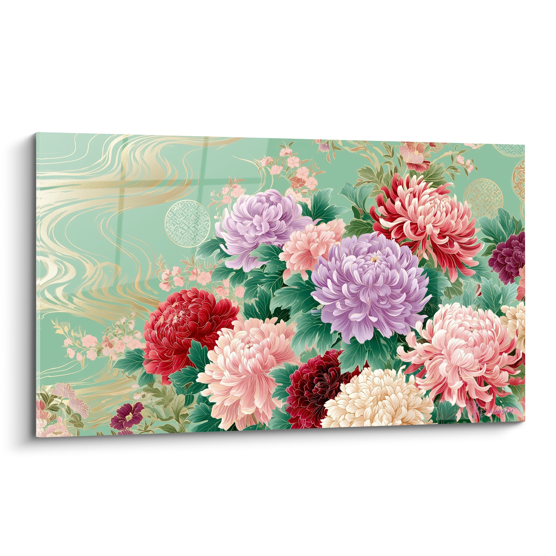 Chrysanthèmes mauves, roses et rouges épanouis sur fond vert d'eau strié de volutes dorées