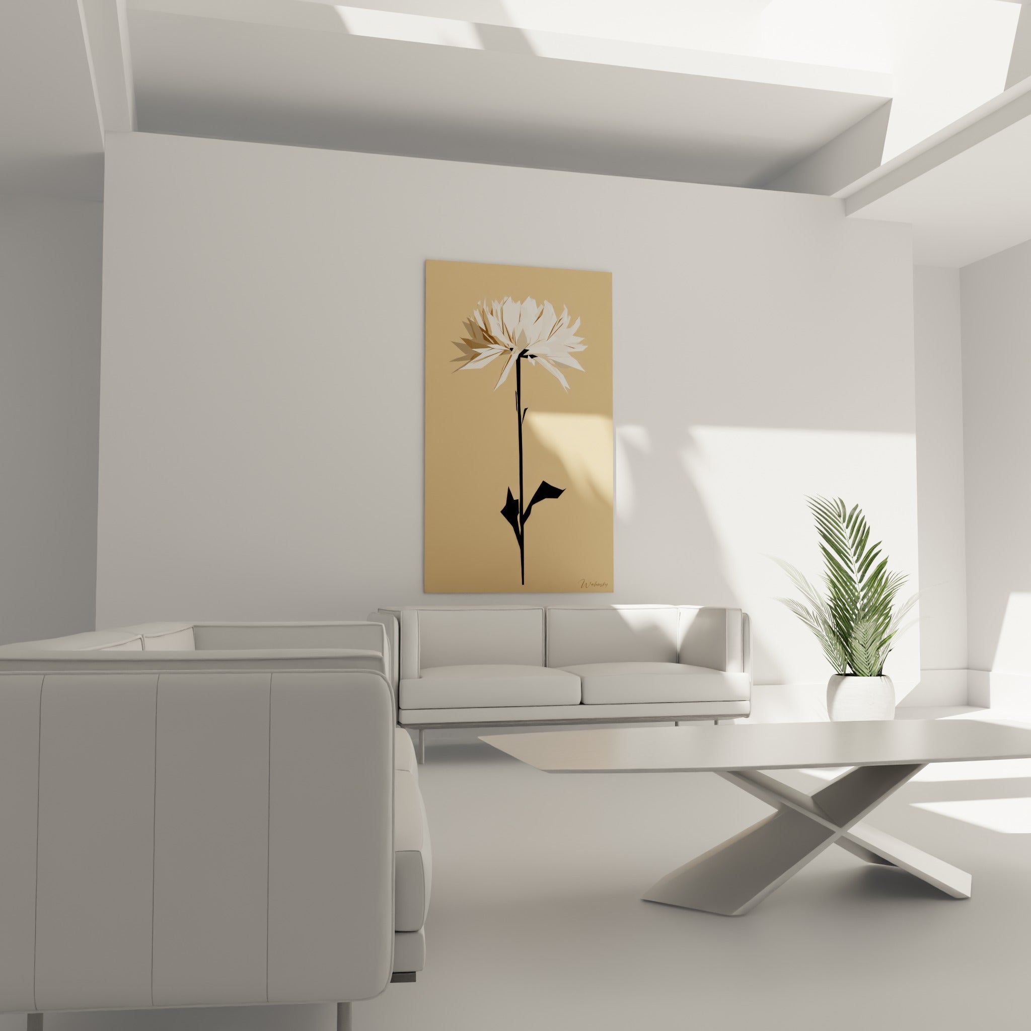 Pétales crème et tige noire du chrysanthème au-dessus d'un canapé dans un salon lumineux