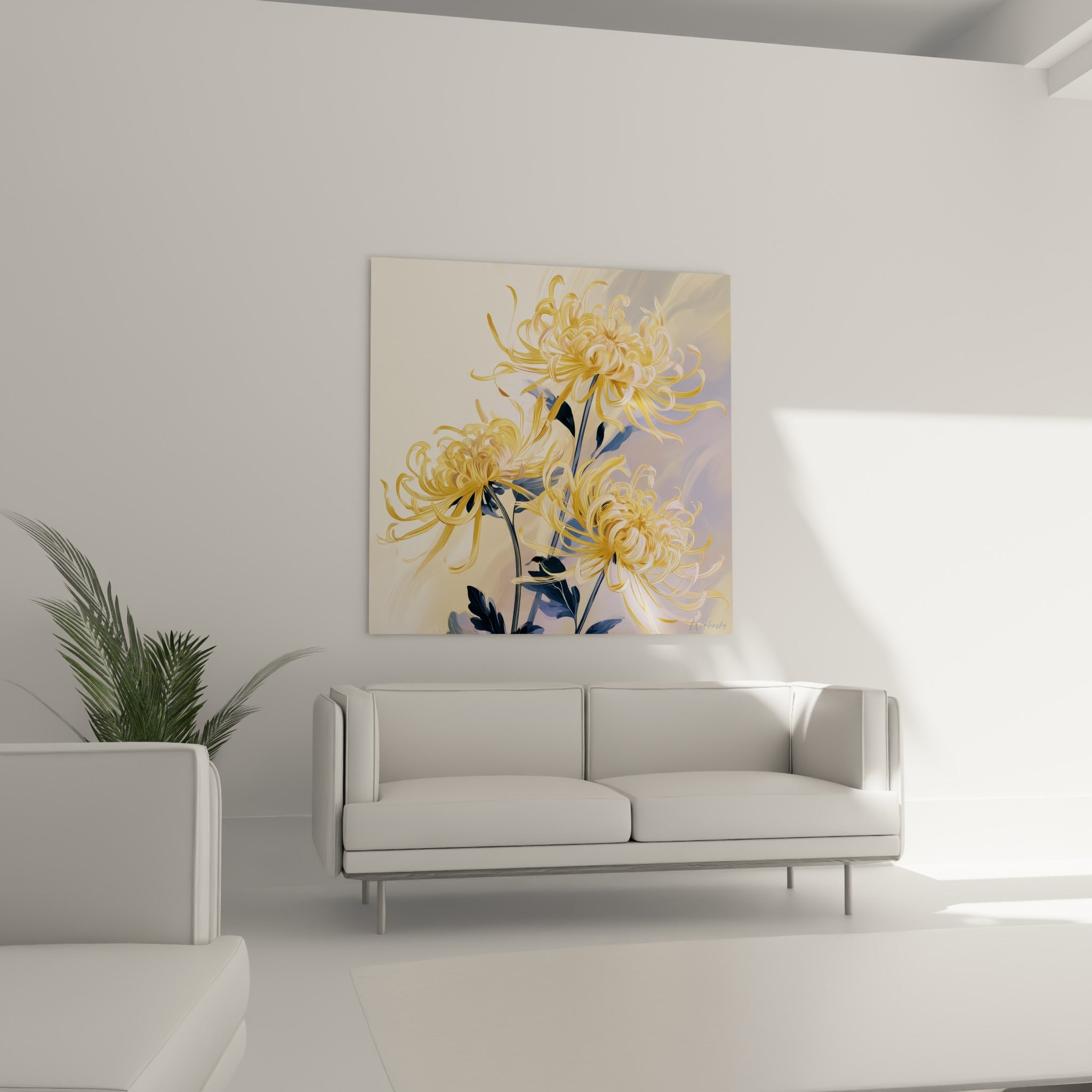 Trois chrysanthèmes ocre aux pétales recourbés, au-dessus d'un canapé dans un salon lumineux