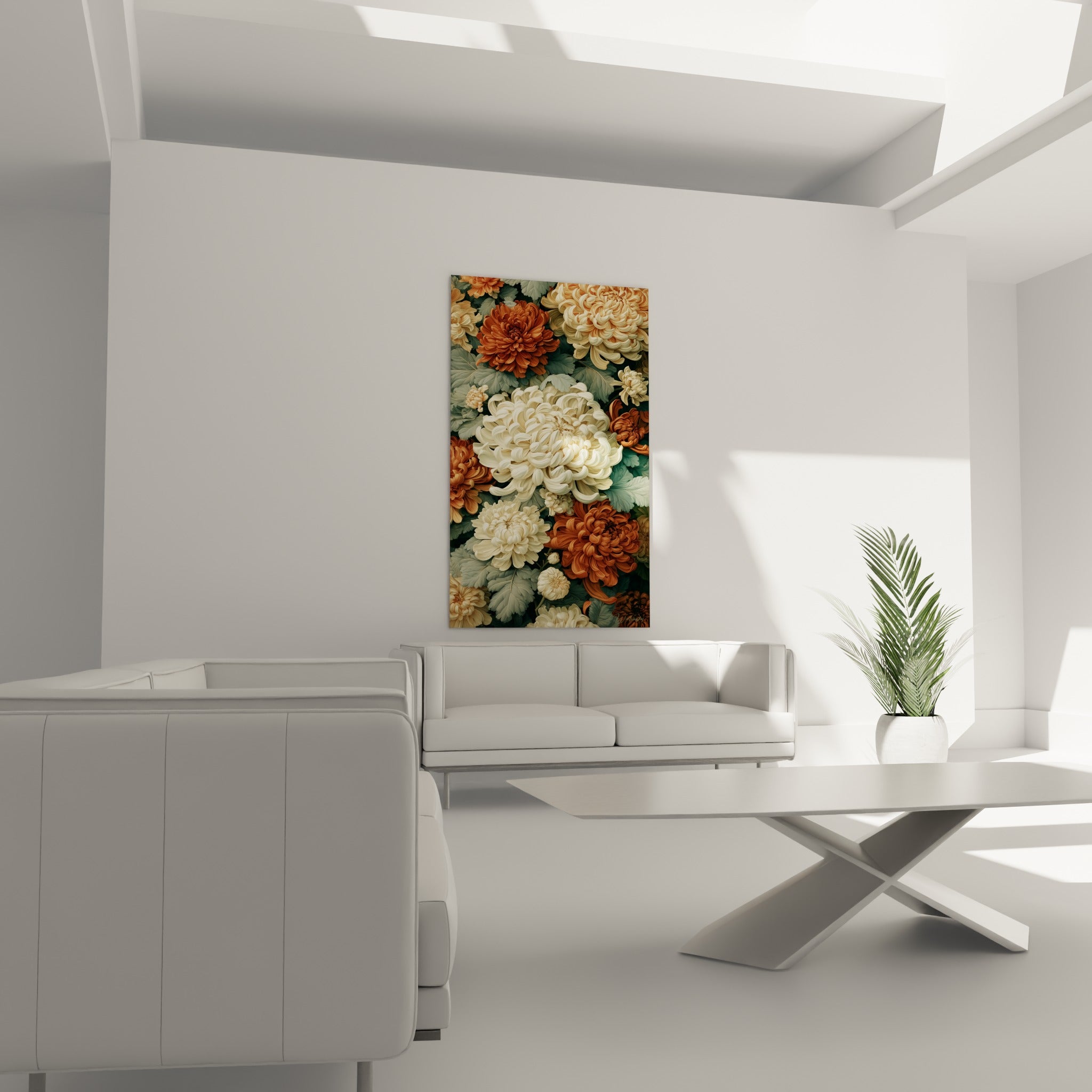 Bouquet de chrysanthèmes ocre et blancs disposé au-dessus d'un canapé dans un salon lumineux