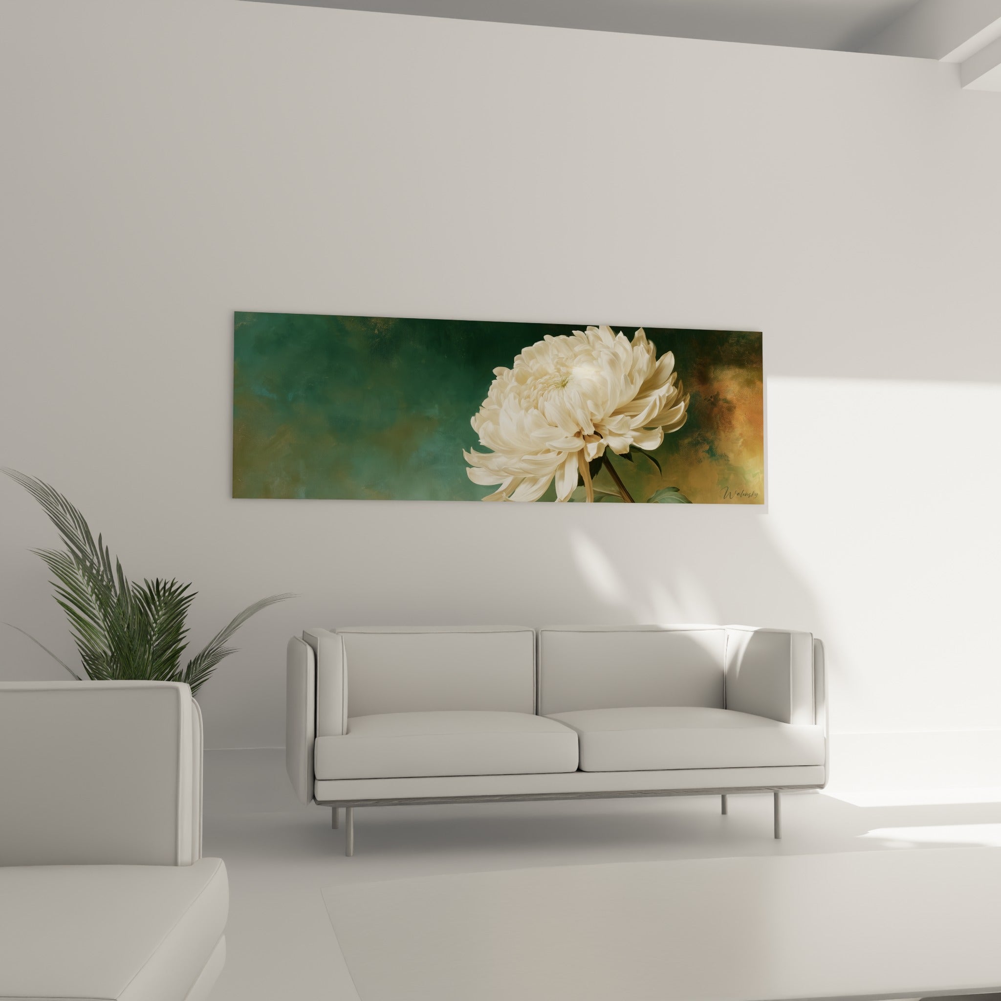Fleur blanche et nuances ocre du chrysanthème disposées au-dessus d'un canapé dans un salon lumineux