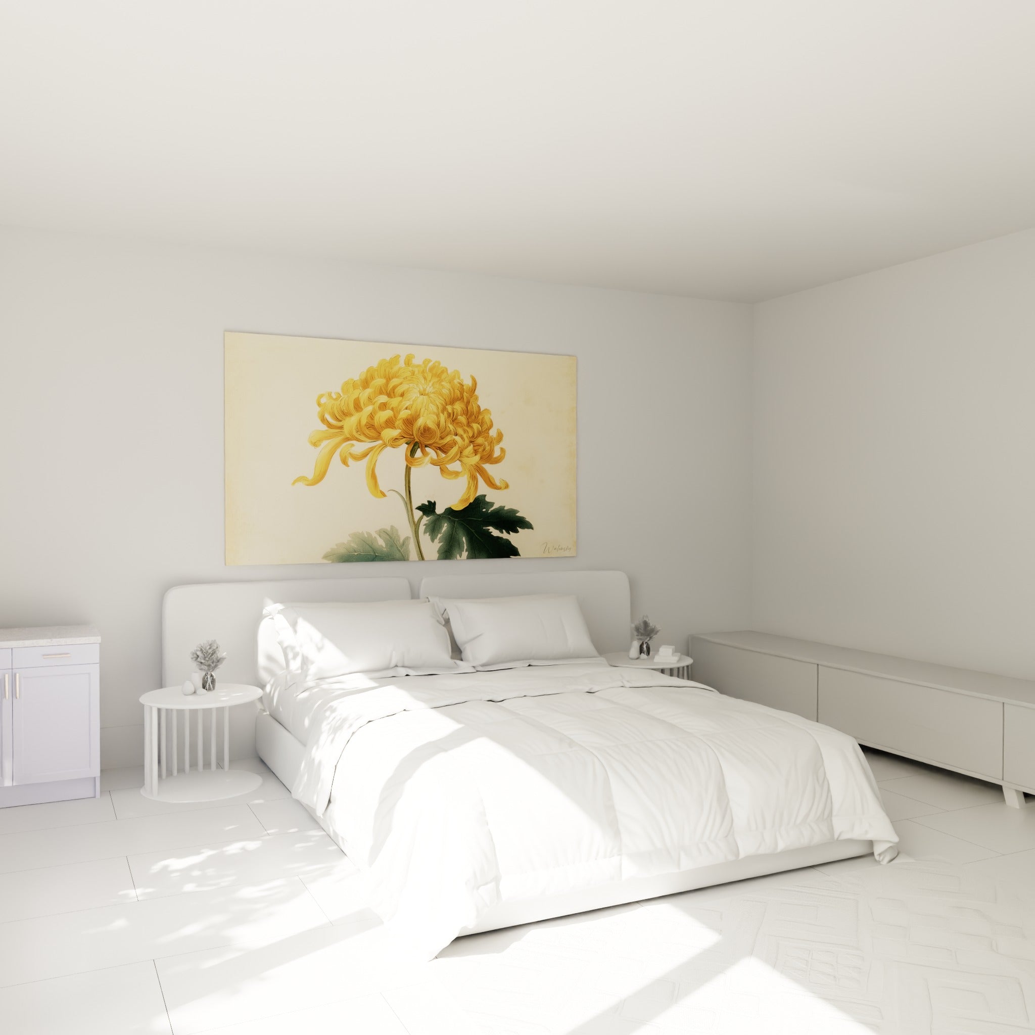 Fleur de chrysanthème ocre et feuilles vert anthracite au-dessus d'un lit dans une chambre claire