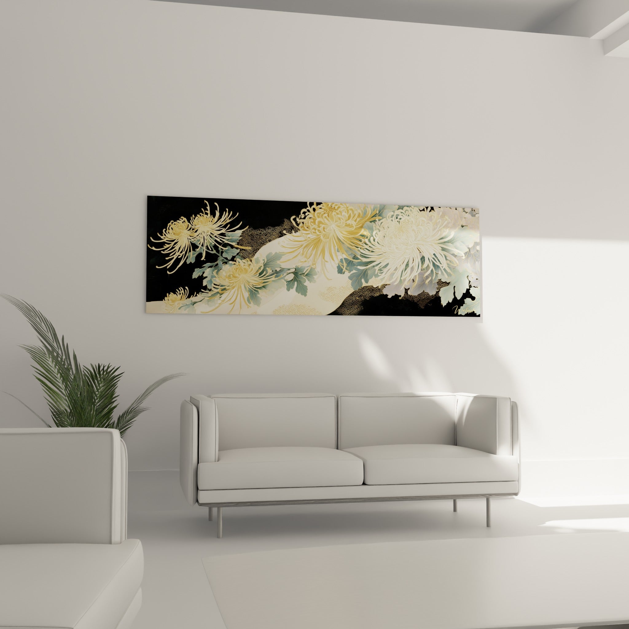 Bouquet de Chrysanthème ocre et gris pâle sur fond sombre, au-dessus d'un canapé dans un salon lumineux