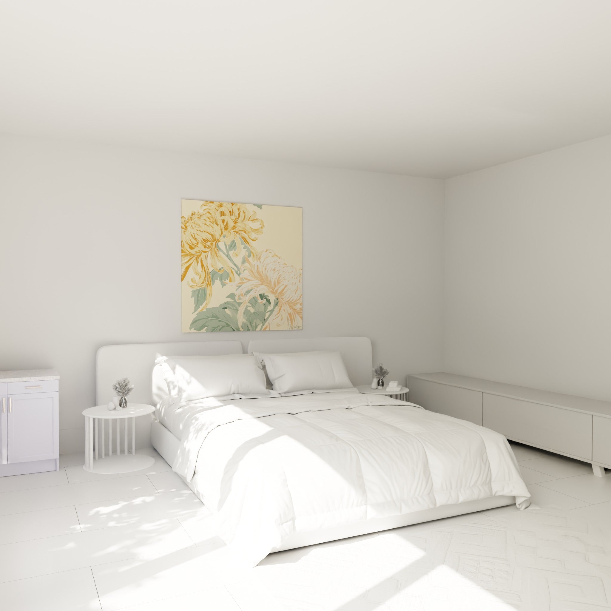 Fleurs de chrysanthème ocre et sauge déployées au-dessus d'un lit dans une chambre claire