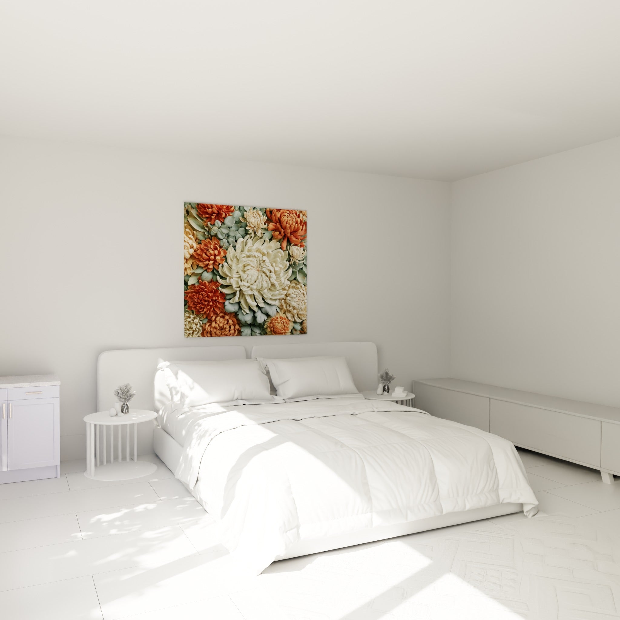 Bouquet de chrysanthèmes ivoire et orangés au-dessus d'un lit dans une chambre claire