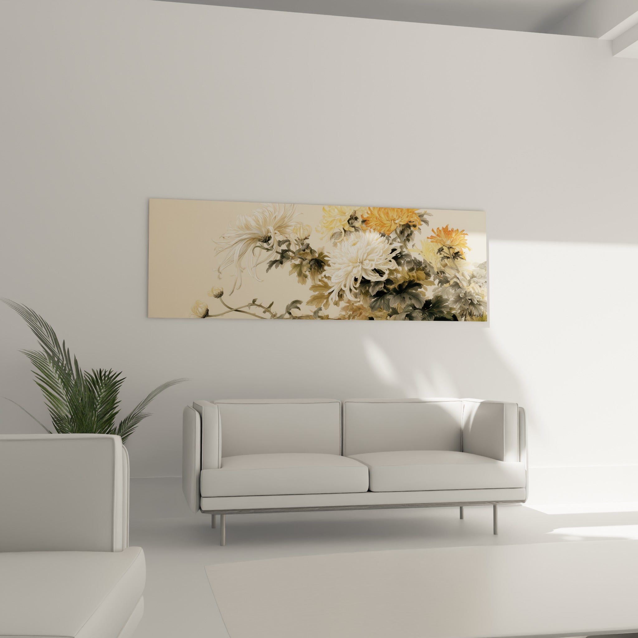 Corolles de Chrysanthème orangées et blanches au-dessus d'un canapé dans un salon lumineux