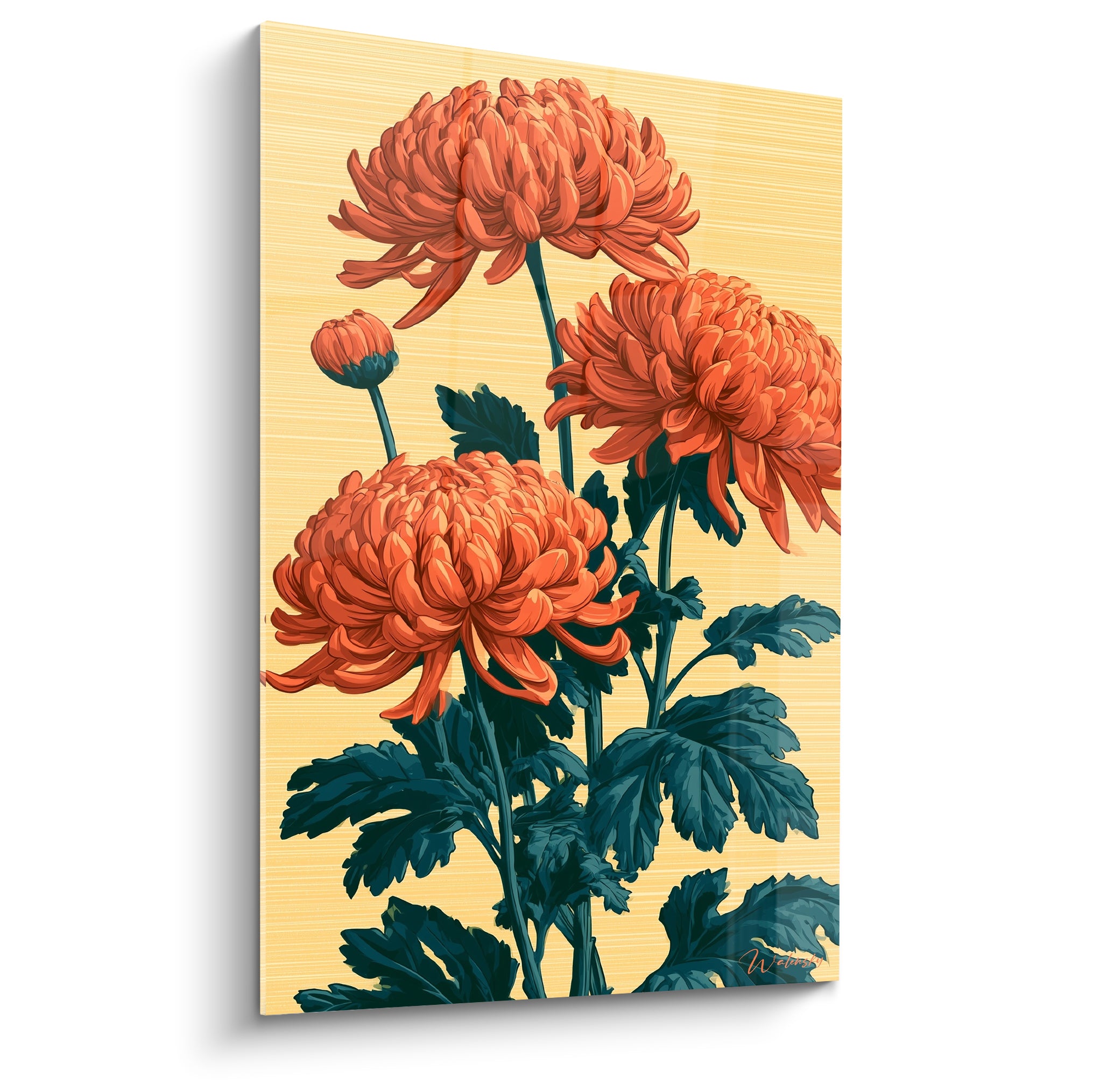 Chrysanthème orange aux pétales denses sur fond jaune doré strié, style illustratif botanique